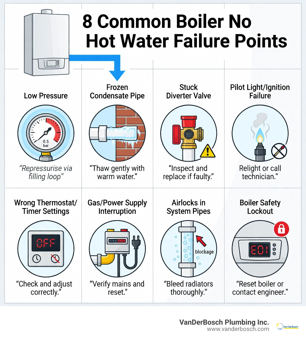 Infographic showing 8 common boiler no hot water failure points: low pressure gauge reading below 1 bar, frozen condensate pipe outside the home, stuck diverter valve directing water to heating only, pilot light out or ignition failure, wrong thermostat or timer settings, gas or power supply interruption, airlocks in the system pipes, and boiler safety lockout with error code on display panel — each with a simple icon and one-line fix description - Boiler no hot water infographic Infographic showing 8 common boiler no hot water failure points: low pressure gauge reading below 1 bar, frozen condensate pipe outside the home, stuck diverter valve directing water to heating only, pilot light out or ignition failure, wrong thermostat or timer settings, gas or power supply interruption, airlocks in the system pipes, and boiler safety lockout with error code on display panel — each with a simple icon and one-line fix description - Boiler no hot water infographic