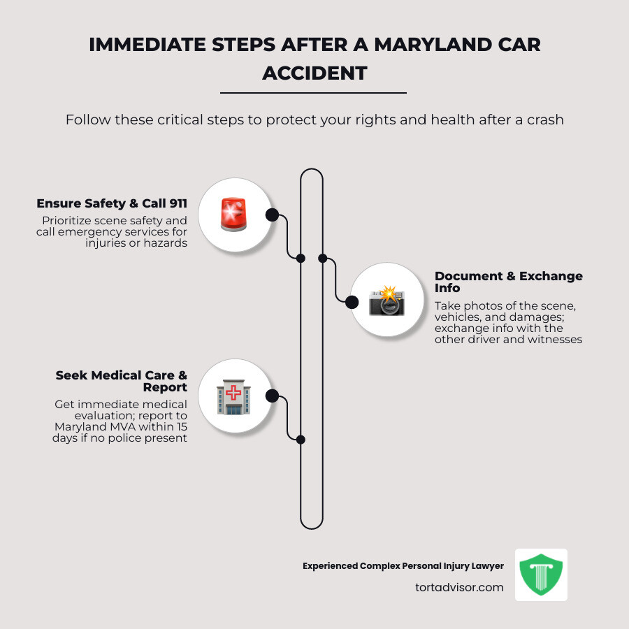 Infographic showing immediate steps after a Maryland car accident: Step 1 - Call 911 and ensure scene safety; Step 2 - Exchange information with other driver; Step 3 - Document the scene with photos; Step 4 - Collect witness contact details; Step 5 - Seek medical attention immediately; Step 6 - Report to Maryland MVA within 15 days if no police present; Step 7 - Contact a car accident lawyer before speaking to any insurance company - car accident lawyer Maryland infographic infographic-line-3-steps-elegant_beige Infographic showing immediate steps after a Maryland car accident: Step 1 - Call 911 and ensure scene safety; Step 2 - Exchange information with other driver; Step 3 - Document the scene with photos; Step 4 - Collect witness contact details; Step 5 - Seek medical attention immediately; Step 6 - Report to Maryland MVA within 15 days if no police present; Step 7 - Contact a car accident lawyer before speaking to any insurance company - car accident lawyer Maryland infographic infographic-line-3-steps-elegant_beige