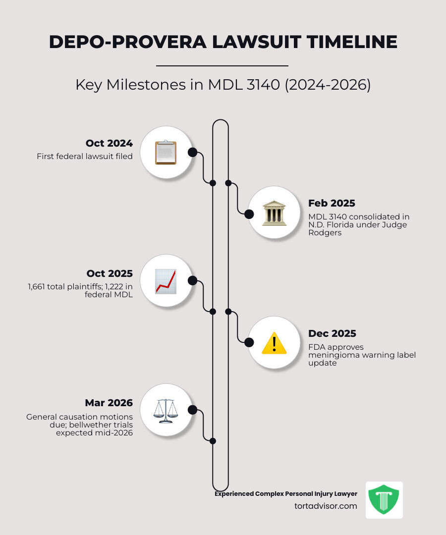 Infographic showing the Depo-Provera litigation timeline: October 2024 first federal lawsuit filed; February 2025 MDL 3140 consolidated in Northern District of Florida under Judge M. Casey Rodgers; March 2025 plaintiff proof of use deadline; June 2025 Pfizer produces 8 million pages of documents; August 2025 over 550 cases in MDL; October 2025 1661 total plaintiffs 1222 in federal MDL; November 2025 122% case growth in 2 months; December 2025 FDA approves meningioma warning label; January 2026 1775 cases in MDL; February 2026 over 2100 total lawsuits filed; March 2026 general causation motions due; Mid-to-late 2026 first bellwether trials expected - Depo-Provera lawsuit update infographic Infographic showing the Depo-Provera litigation timeline: October 2024 first federal lawsuit filed; February 2025 MDL 3140 consolidated in Northern District of Florida under Judge M. Casey Rodgers; March 2025 plaintiff proof of use deadline; June 2025 Pfizer produces 8 million pages of documents; August 2025 over 550 cases in MDL; October 2025 1661 total plaintiffs 1222 in federal MDL; November 2025 122% case growth in 2 months; December 2025 FDA approves meningioma warning label; January 2026 1775 cases in MDL; February 2026 over 2100 total lawsuits filed; March 2026 general causation motions due; Mid-to-late 2026 first bellwether trials expected - Depo-Provera lawsuit update infographic