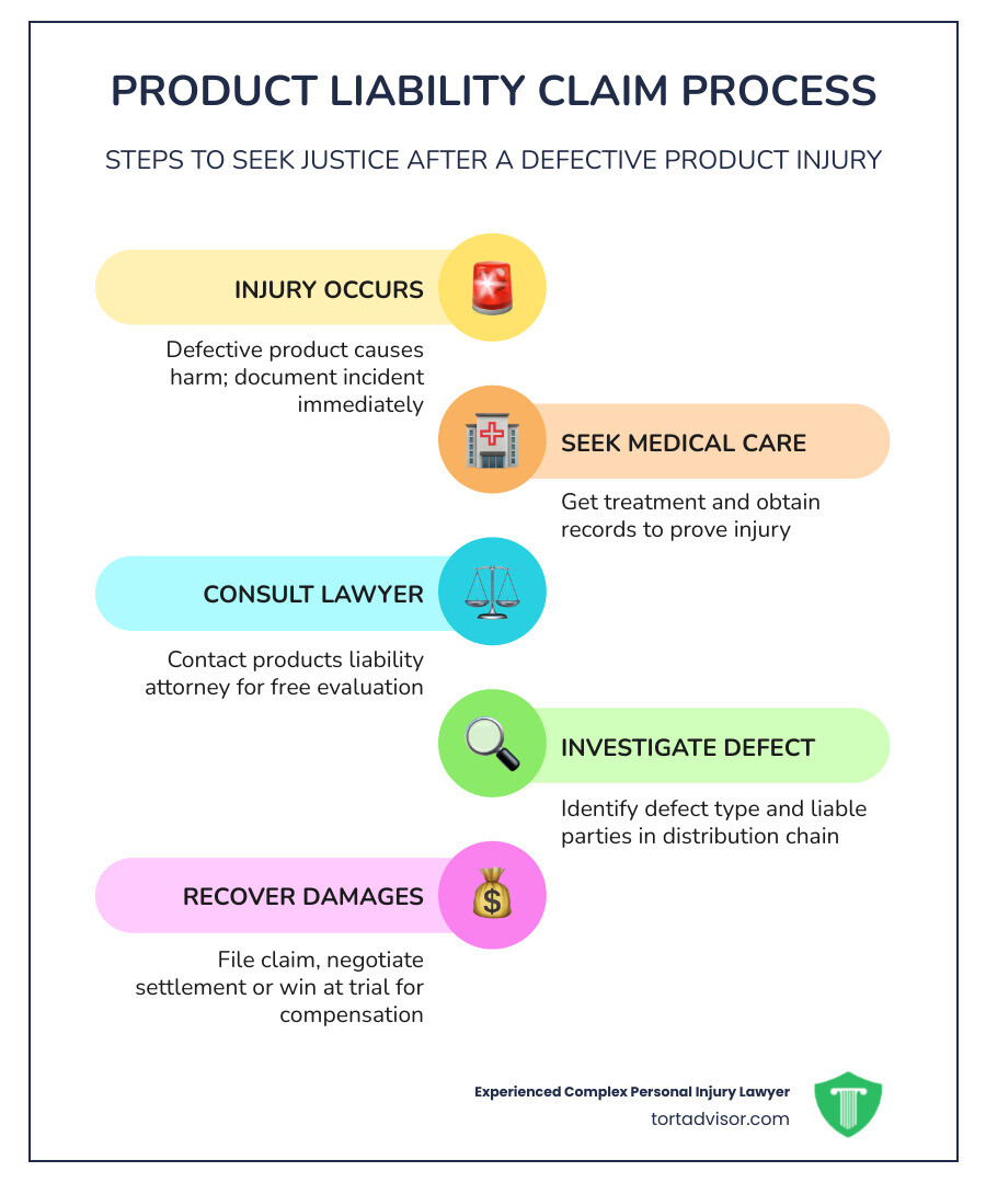 Infographic showing the product liability claim process: step 1 injury occurs from defective product, step 2 seek medical attention and preserve evidence, step 3 consult a products liability lawyer, step 4 lawyer investigates defect type and identifies liable parties, step 5 experts review evidence and build case, step 6 lawsuit filed or settlement negotiated, step 7 damages recovered including medical costs, lost wages, and pain and suffering - products liability lawyers infographic infographic-line-5-steps-colors Infographic showing the product liability claim process: step 1 injury occurs from defective product, step 2 seek medical attention and preserve evidence, step 3 consult a products liability lawyer, step 4 lawyer investigates defect type and identifies liable parties, step 5 experts review evidence and build case, step 6 lawsuit filed or settlement negotiated, step 7 damages recovered including medical costs, lost wages, and pain and suffering - products liability lawyers infographic infographic-line-5-steps-colors