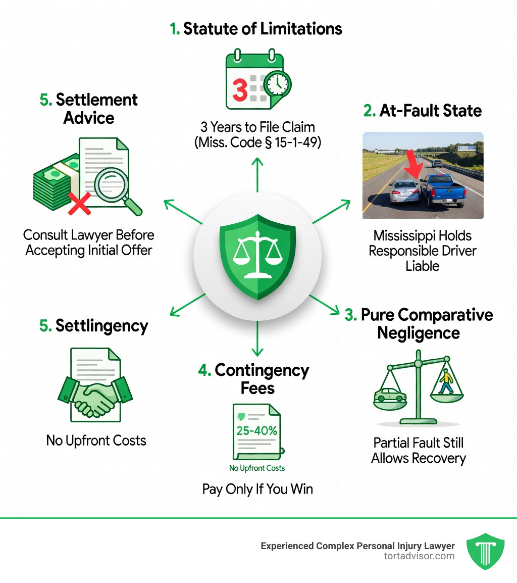 Infographic showing 5 key facts for Mississippi accident victims: 1) 3-year statute of limitations under Miss. Code § 15-1-49, 2) Mississippi is an at-fault insurance state, 3) Pure comparative negligence allows partial-fault recovery, 4) Contingency fees of 25-40% with no upfront costs, 5) Never accept the first insurance settlement offer without legal advice - Mississippi accident lawyer infographic Infographic showing 5 key facts for Mississippi accident victims: 1) 3-year statute of limitations under Miss. Code § 15-1-49, 2) Mississippi is an at-fault insurance state, 3) Pure comparative negligence allows partial-fault recovery, 4) Contingency fees of 25-40% with no upfront costs, 5) Never accept the first insurance settlement offer without legal advice - Mississippi accident lawyer infographic
