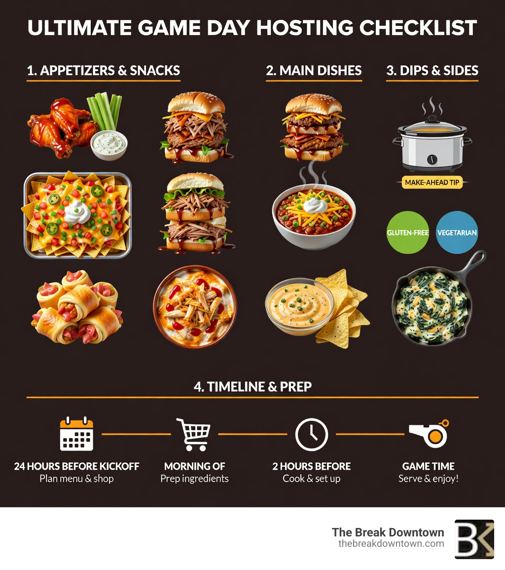 Ultimate game day hosting checklist infographic showing a step-by-step visual guide with sections for appetizers like wings and nachos, main dishes like sliders and chili, dips like queso and buffalo chicken, make-ahead tips with slow cooker icons, dietary options including gluten-free and vegetarian labels, and a timeline for prep starting 24 hours before kickoff - Game day food infographic Ultimate game day hosting checklist infographic showing a step-by-step visual guide with sections for appetizers like wings and nachos, main dishes like sliders and chili, dips like queso and buffalo chicken, make-ahead tips with slow cooker icons, dietary options including gluten-free and vegetarian labels, and a timeline for prep starting 24 hours before kickoff - Game day food infographic