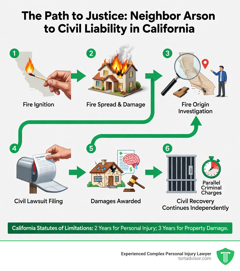 Infographic showing the step-by-step path from neighbor arson to civil liability in California: 1) Fire is intentionally or negligently started by neighbor, 2) Fire spreads and causes property damage or injury, 3) Investigators determine fire origin using geolocation, physical evidence, and witness testimony, 4) Victim files civil lawsuit for negligence or intentional tort, 5) Damages awarded include property loss, medical costs, emotional distress, and punitive damages, 6) Criminal charges against arsonist run parallel but do not block civil recovery, with California statutes of limitations noted: 2 years personal injury, 3 years property damage - california wildfire arson neighbor lawsuit infographic Infographic showing the step-by-step path from neighbor arson to civil liability in California: 1) Fire is intentionally or negligently started by neighbor, 2) Fire spreads and causes property damage or injury, 3) Investigators determine fire origin using geolocation, physical evidence, and witness testimony, 4) Victim files civil lawsuit for negligence or intentional tort, 5) Damages awarded include property loss, medical costs, emotional distress, and punitive damages, 6) Criminal charges against arsonist run parallel but do not block civil recovery, with California statutes of limitations noted: 2 years personal injury, 3 years property damage - california wildfire arson neighbor lawsuit infographic