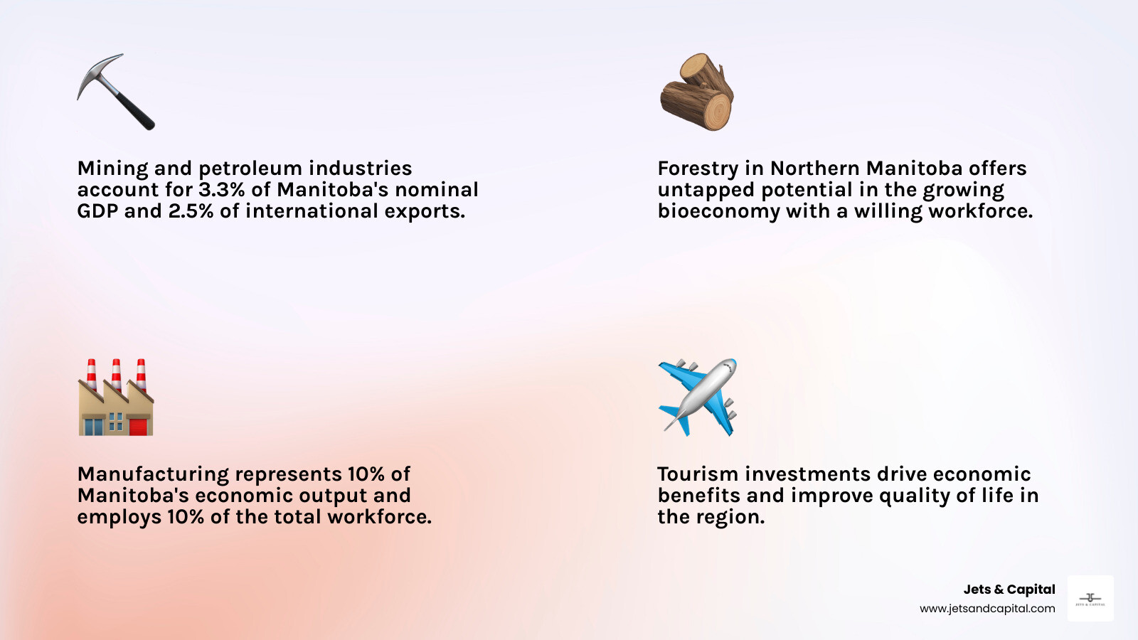 Infographic showing the breakdown of Manitoba's economic output: Manufacturing (10%), Mining/Petroleum (3.3% of GDP), and the $2.5 billion production value of the resource sector; a side-bar highlights the 5,700 people employed in mining and the 10% of the workforce in manufacturing - Discover investment opportunities infographic 4_facts_emoji_light-gradient