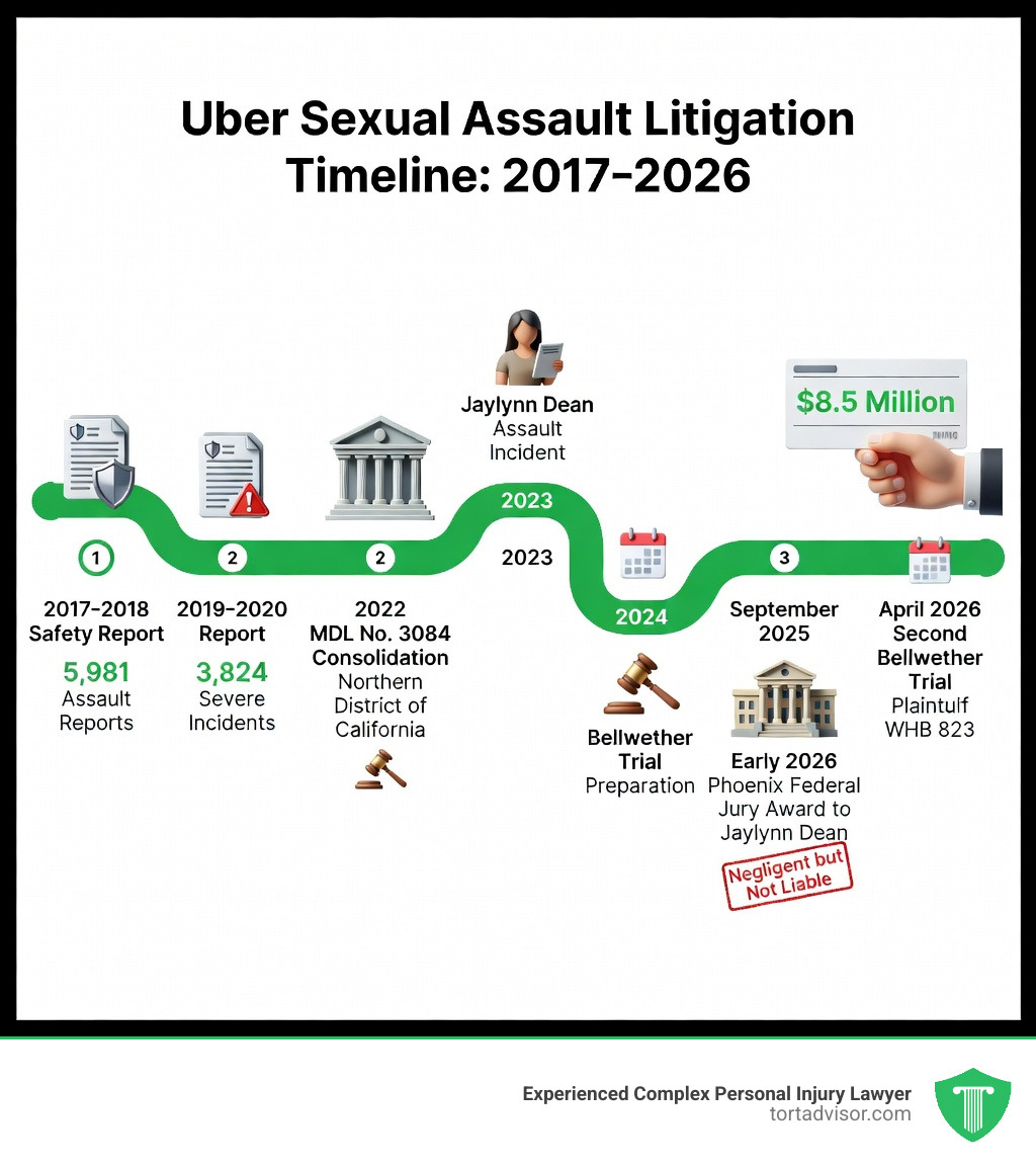 Timeline infographic of Uber sexual assault litigation from 2017 to 2026, showing key milestones: 2017-2018 safety report revealing 5,981 assault reports; 2019-2020 report with 3,824 severe incidents; 2022 MDL No. 3084 consolidation in Northern District of California; 2023 Jaylynn Dean assault incident; 2024 bellwether trial preparation; September 2025 California state court negligence but no liability verdict; early 2026 Phoenix federal jury awards $8.5 million to Jaylynn Dean; April 2026 second bellwether trial scheduled for plaintiff WHB 823 - uber sexual assault lawsuit update infographic Timeline infographic of Uber sexual assault litigation from 2017 to 2026, showing key milestones: 2017-2018 safety report revealing 5,981 assault reports; 2019-2020 report with 3,824 severe incidents; 2022 MDL No. 3084 consolidation in Northern District of California; 2023 Jaylynn Dean assault incident; 2024 bellwether trial preparation; September 2025 California state court negligence but no liability verdict; early 2026 Phoenix federal jury awards $8.5 million to Jaylynn Dean; April 2026 second bellwether trial scheduled for plaintiff WHB 823 - uber sexual assault lawsuit update infographic
