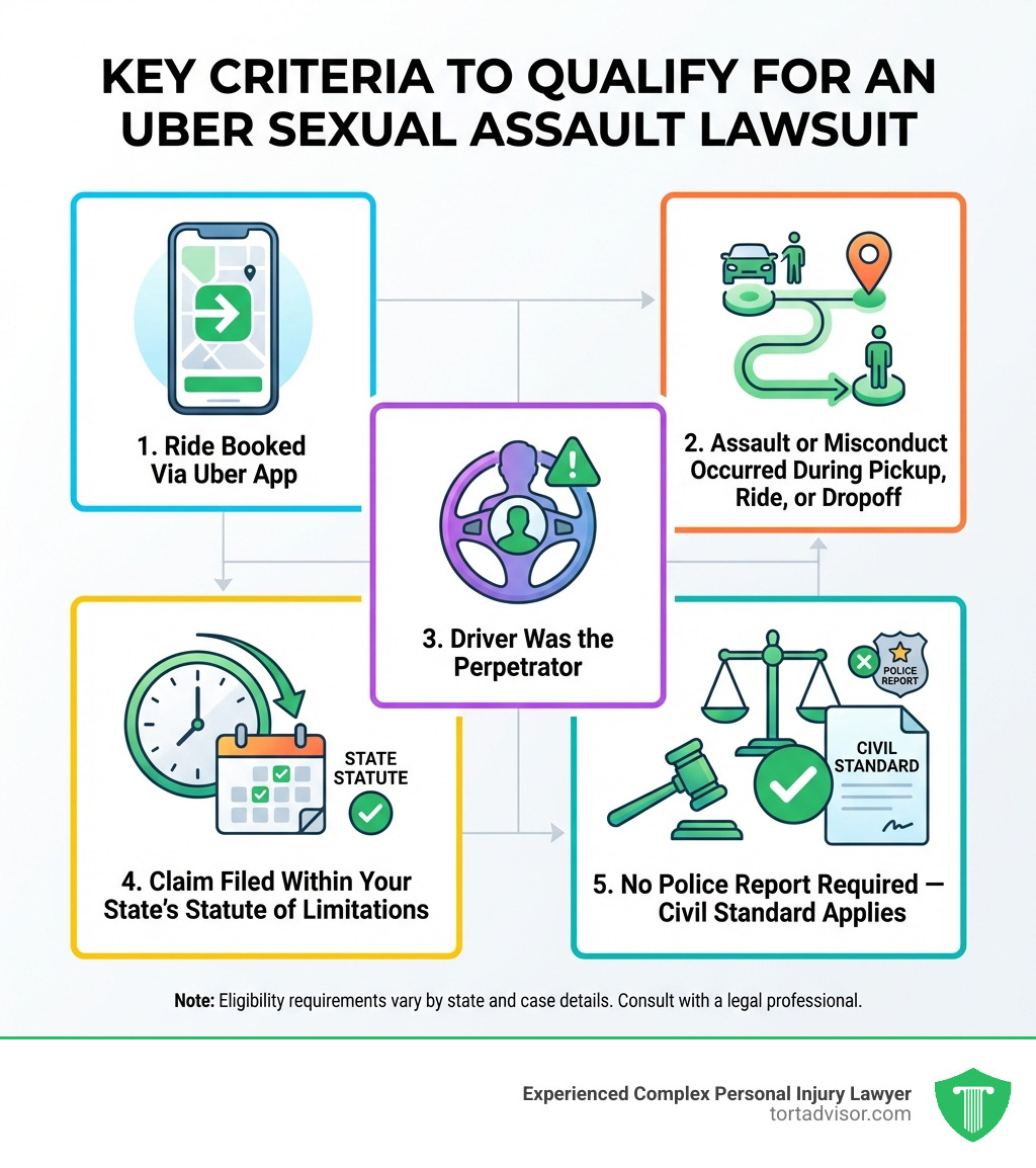 Infographic showing 5 key criteria to qualify for an Uber sexual assault lawsuit: 1) Ride booked via the Uber app, 2) Assault or misconduct occurred during pickup, ride, or dropoff, 3) Driver was the perpetrator, 4) Claim filed within your state's statute of limitations, 5) No police report required — civil standard applies - qualify for an uber sexual assault lawsuit infographic Infographic showing 5 key criteria to qualify for an Uber sexual assault lawsuit: 1) Ride booked via the Uber app, 2) Assault or misconduct occurred during pickup, ride, or dropoff, 3) Driver was the perpetrator, 4) Claim filed within your state's statute of limitations, 5) No police report required — civil standard applies - qualify for an uber sexual assault lawsuit infographic