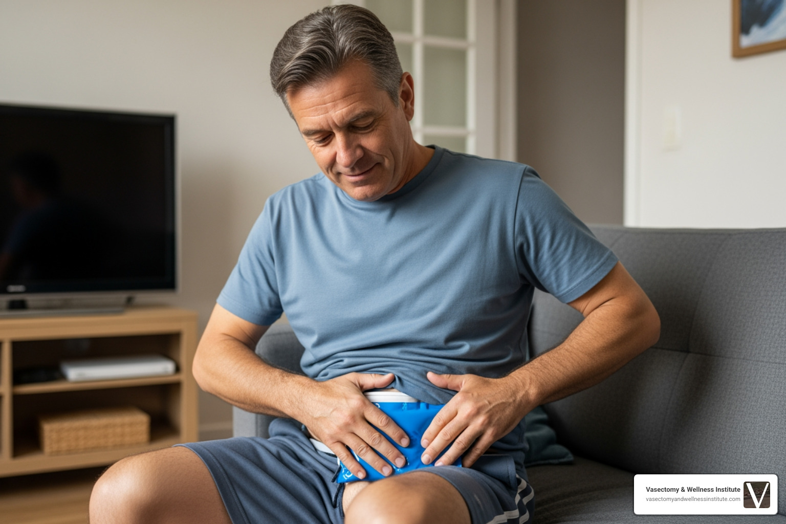 Man applying a cold pack to the scrotal area over clothing - after vasectomy recovery Man applying a cold pack to the scrotal area over clothing - after vasectomy recovery