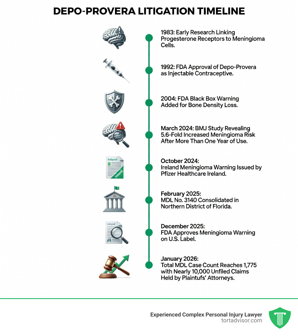 Infographic showing the Depo-Provera litigation timeline: 1992 FDA approval of Depo-Provera as injectable contraceptive; 2004 FDA Black Box Warning added for bone density loss; 1983 early research linking progesterone receptors to meningioma cells; March 2024 BMJ study revealing 5.6-fold increased meningioma risk after more than one year of use; October 2024 Ireland meningioma warning issued by Pfizer Healthcare Ireland; February 2025 MDL No. 3140 consolidated in Northern District of Florida; December 2025 FDA approves meningioma warning on U.S. label; January 2026 total MDL case count reaches 1,775 with nearly 10,000 unfiled claims held by plaintiffs' attorneys - Depo-Provera lawsuit attorney infographic Infographic showing the Depo-Provera litigation timeline: 1992 FDA approval of Depo-Provera as injectable contraceptive; 2004 FDA Black Box Warning added for bone density loss; 1983 early research linking progesterone receptors to meningioma cells; March 2024 BMJ study revealing 5.6-fold increased meningioma risk after more than one year of use; October 2024 Ireland meningioma warning issued by Pfizer Healthcare Ireland; February 2025 MDL No. 3140 consolidated in Northern District of Florida; December 2025 FDA approves meningioma warning on U.S. label; January 2026 total MDL case count reaches 1,775 with nearly 10,000 unfiled claims held by plaintiffs' attorneys - Depo-Provera lawsuit attorney infographic