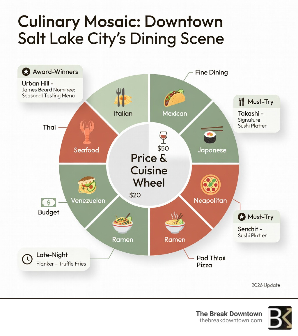 Infographic showing the diversity of cuisines available when dining in downtown salt lake city, including Italian, Mexican, Japanese sushi, Neapolitan pizza, ramen, Thai, Venezuelan, seafood, and American fare, with price range indicators from budget under $20 to fine dining over $50 per person, and highlights of award-winning restaurants and must-try signature dishes - dining in downtown salt lake city infographic Infographic showing the diversity of cuisines available when dining in downtown salt lake city, including Italian, Mexican, Japanese sushi, Neapolitan pizza, ramen, Thai, Venezuelan, seafood, and American fare, with price range indicators from budget under $20 to fine dining over $50 per person, and highlights of award-winning restaurants and must-try signature dishes - dining in downtown salt lake city infographic