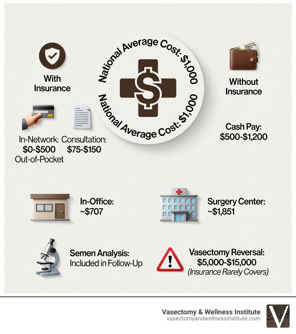 Infographic showing vasectomy cost breakdown: average US cost $1,000; with insurance $0-$500 out-of-pocket; without insurance $500-$1,200 cash pay; in-office procedure ~$707 vs. surgery center ~$1,851; additional costs include $75-$150 consultation fee and post-procedure semen analysis; vasectomy reversal $5,000-$15,000 not typically covered by insurance - how much does vasectomy cost infographic Infographic showing vasectomy cost breakdown: average US cost $1,000; with insurance $0-$500 out-of-pocket; without insurance $500-$1,200 cash pay; in-office procedure ~$707 vs. surgery center ~$1,851; additional costs include $75-$150 consultation fee and post-procedure semen analysis; vasectomy reversal $5,000-$15,000 not typically covered by insurance - how much does vasectomy cost infographic