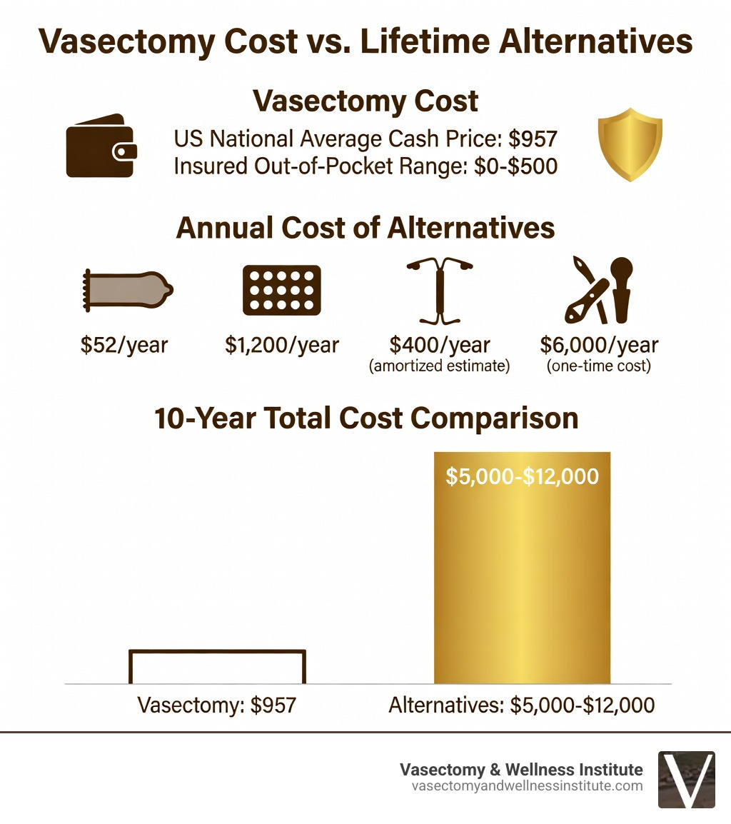 Infographic comparing vasectomy cost vs. lifetime costs of other birth control methods including condoms, birth control pills, IUD, and tubal ligation; showing US national average vasectomy cash price of $957, insured out-of-pocket range of $0-$500, and annual costs of alternatives ranging from $52 for condoms to $1,200 for oral contraceptives, with a 10-year total savings comparison favoring vasectomy - vasectomy cost infographic Infographic comparing vasectomy cost vs. lifetime costs of other birth control methods including condoms, birth control pills, IUD, and tubal ligation; showing US national average vasectomy cash price of $957, insured out-of-pocket range of $0-$500, and annual costs of alternatives ranging from $52 for condoms to $1,200 for oral contraceptives, with a 10-year total savings comparison favoring vasectomy - vasectomy cost infographic