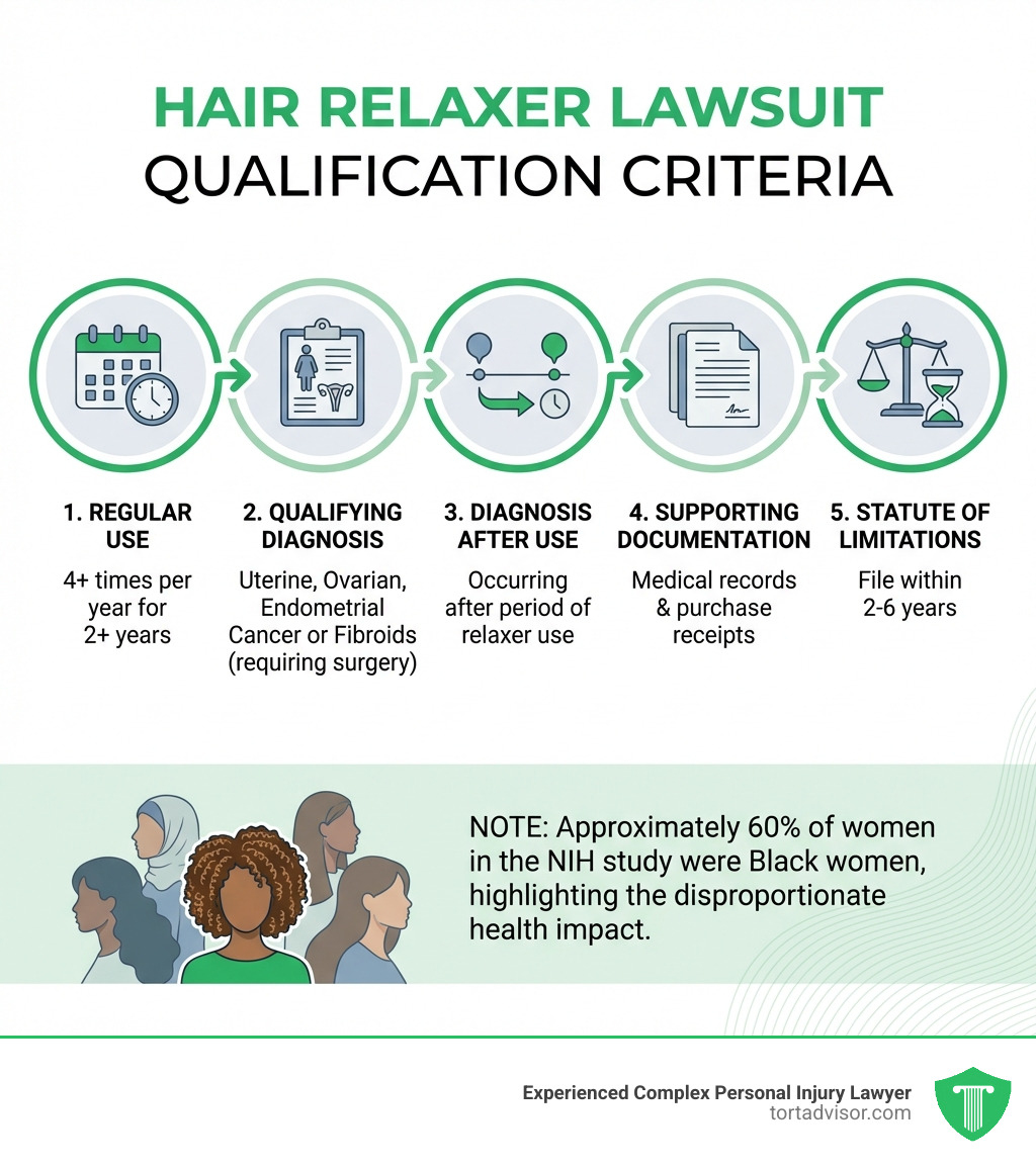 Infographic showing the 5 qualification criteria for a hair relaxer lawsuit: (1) regular use of chemical relaxers 4+ times per year for 2+ years, (2) diagnosis of uterine, ovarian, or endometrial cancer or fibroids requiring surgery, (3) diagnosis occurring after period of relaxer use, (4) supporting documentation such as medical records and purchase receipts, (5) filing within state statute of limitations of 2-6 years; with icons for each step and a note that approximately 60% of women in the NIH study were Black women, highlighting the disproportionate health impact - how do you qualify for a hair relaxer lawsuit infographic Infographic showing the 5 qualification criteria for a hair relaxer lawsuit: (1) regular use of chemical relaxers 4+ times per year for 2+ years, (2) diagnosis of uterine, ovarian, or endometrial cancer or fibroids requiring surgery, (3) diagnosis occurring after period of relaxer use, (4) supporting documentation such as medical records and purchase receipts, (5) filing within state statute of limitations of 2-6 years; with icons for each step and a note that approximately 60% of women in the NIH study were Black women, highlighting the disproportionate health impact - how do you qualify for a hair relaxer lawsuit infographic