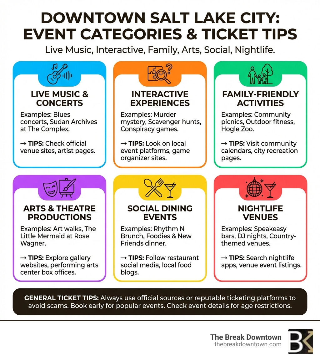 Infographic showing downtown Salt Lake City event categories including live music, interactive experiences like scavenger hunts and mystery games, family-friendly activities, arts and theatre productions, social dining events, and nightlife venues, with example events listed under each category and tips on where to find tickets - downtown Salt Lake events infographic Infographic showing downtown Salt Lake City event categories including live music, interactive experiences like scavenger hunts and mystery games, family-friendly activities, arts and theatre productions, social dining events, and nightlife venues, with example events listed under each category and tips on where to find tickets - downtown Salt Lake events infographic