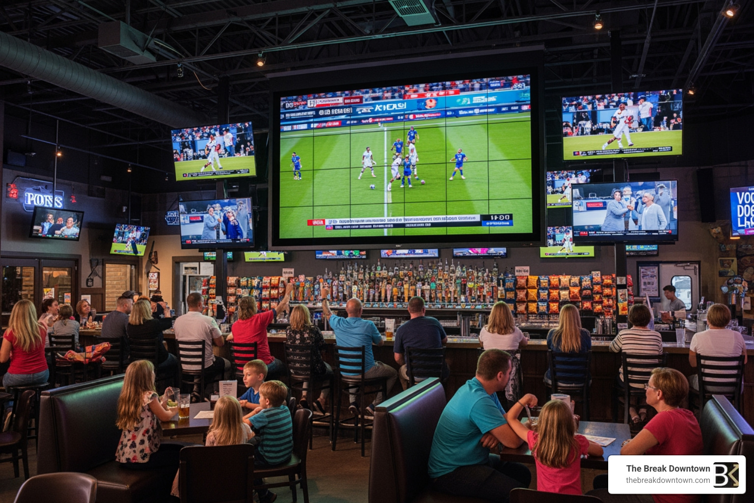 Stadium-style seating in a modern sports bar with 4K LED screens - Big screen sports bar Stadium-style seating in a modern sports bar with 4K LED screens - Big screen sports bar