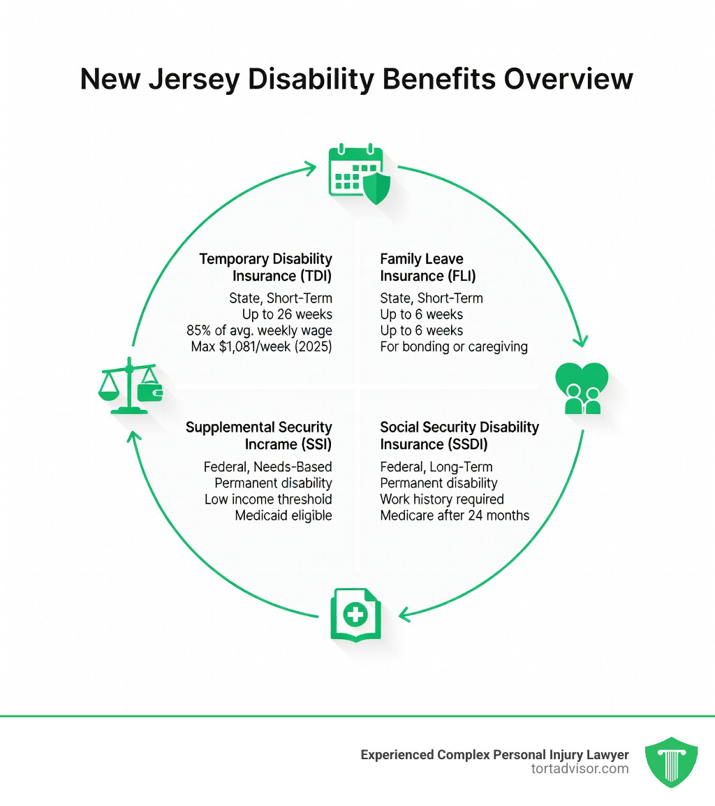 Infographic showing the four main types of New Jersey disability benefits: TDI (state, short-term, up to 26 weeks, 85% of average weekly wage, max $1,081/week in 2025), FLI (state, short-term, up to 6 weeks, bonding or caregiving), SSDI (federal, long-term, work history required, permanent disability, Medicare after 24 months), and SSI (federal, needs-based, no work history required, low income threshold, Medicaid eligible) - New Jersey disability benefits infographic Infographic showing the four main types of New Jersey disability benefits: TDI (state, short-term, up to 26 weeks, 85% of average weekly wage, max $1,081/week in 2025), FLI (state, short-term, up to 6 weeks, bonding or caregiving), SSDI (federal, long-term, work history required, permanent disability, Medicare after 24 months), and SSI (federal, needs-based, no work history required, low income threshold, Medicaid eligible) - New Jersey disability benefits infographic
