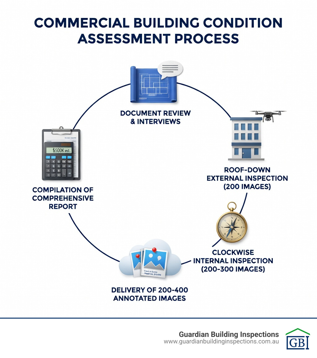 Infographic showing the commercial building condition assessment process: document review and interviews, roof-down external inspection capturing 200 images, clockwise internal inspection capturing 200-300 images, compilation of comprehensive report with cost estimates and replacement reserves, and delivery of 400-500 annotated high-resolution images - Commercial building condition report infographic 