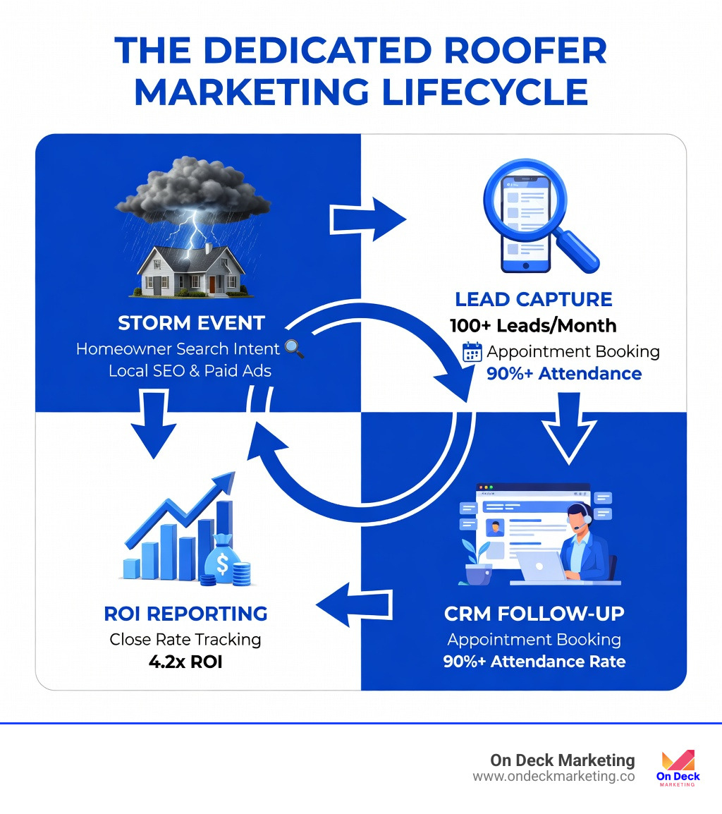 Infographic showing the roofing marketing lifecycle: from storm event and homeowner search intent, through local SEO and paid ads lead capture, to CRM follow-up and appointment booking, to close rate tracking and ROI reporting — with key stats like 100+ leads/month, 90%+ appointment attendance, and 4.2x ROI highlighted at each stage - dedicated roofer marketing team infographic 