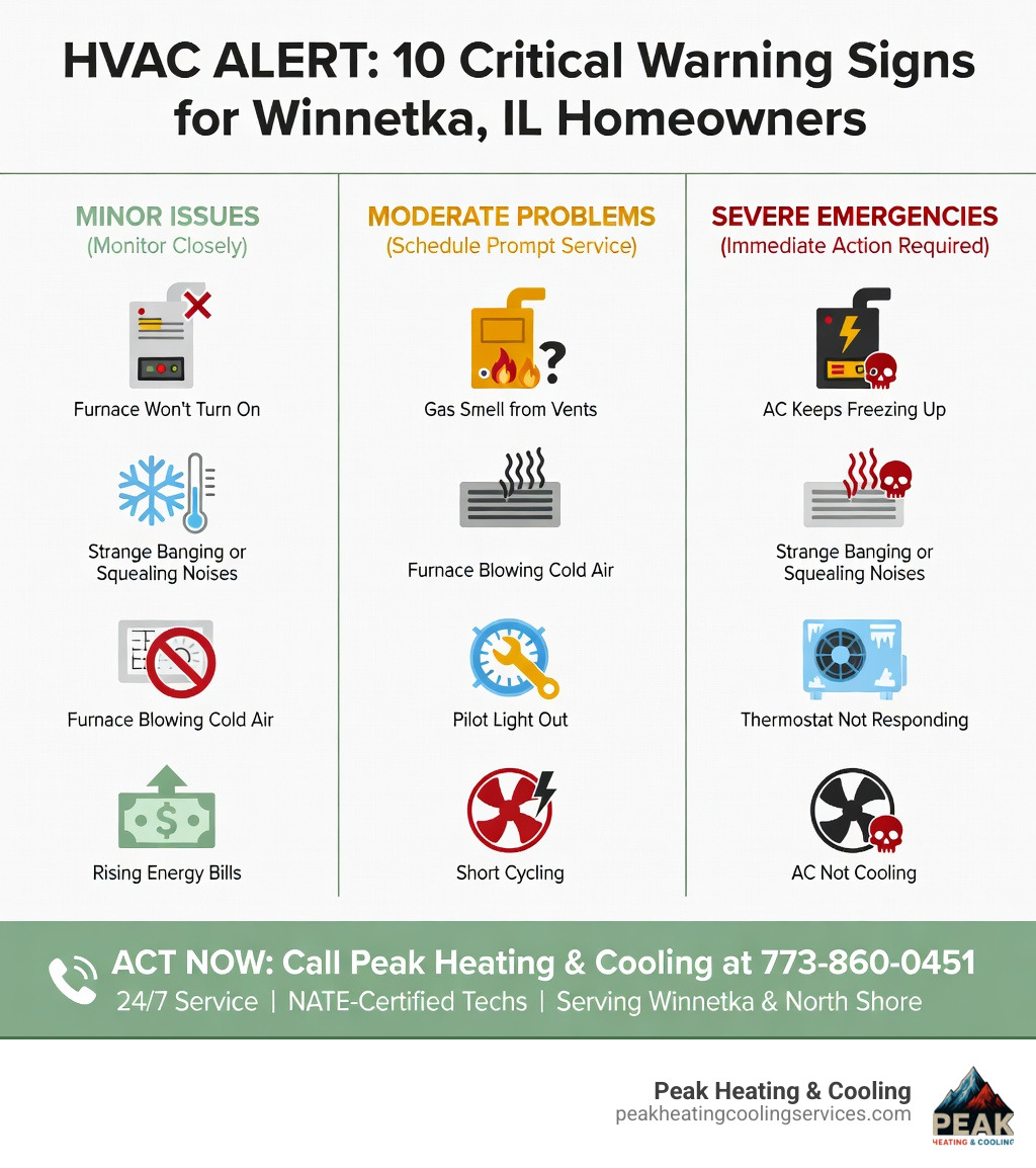 Infographic showing common HVAC warning signs for Winnetka IL homeowners, including: furnace won't turn on, furnace blowing cold air, pilot light out, gas smell from vents, AC not cooling, AC keeps freezing up, thermostat not responding, short cycling, strange banging or squealing noises, rising energy bills — with icons for each symptom and a color-coded severity scale from minor to emergency, plus a call-to-action to contact Peak Heating & Cooling at 773-860-0451 - HVAC repair Winnetka infographic Infographic showing common HVAC warning signs for Winnetka IL homeowners, including: furnace won't turn on, furnace blowing cold air, pilot light out, gas smell from vents, AC not cooling, AC keeps freezing up, thermostat not responding, short cycling, strange banging or squealing noises, rising energy bills — with icons for each symptom and a color-coded severity scale from minor to emergency, plus a call-to-action to contact Peak Heating & Cooling at 773-860-0451 - HVAC repair Winnetka infographic