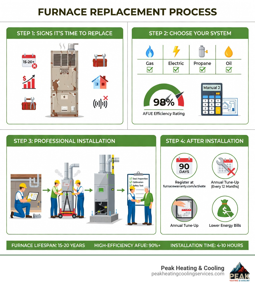 Infographic showing the furnace replacement process: Step 1 - Signs it's time to replace (age 15-20+ years, rising energy bills, frequent repairs, uneven heating, strange noises); Step 2 - Choose your system (fuel type: gas/electric/propane/oil, AFUE efficiency rating 80%-98%, proper BTU sizing via Manual J calculation); Step 3 - Professional installation process (home assessment, old unit removal, new unit installation, ductwork inspection, testing and calibration, homeowner walkthrough); Step 4 - After installation (register warranty within 90 days, schedule annual tune-up, change filter monthly, enjoy lower energy bills); Key stats: Furnace lifespan 15-20 years, High-efficiency AFUE 90%+, Installation time 4-10 hours - furnace replacement infographic 