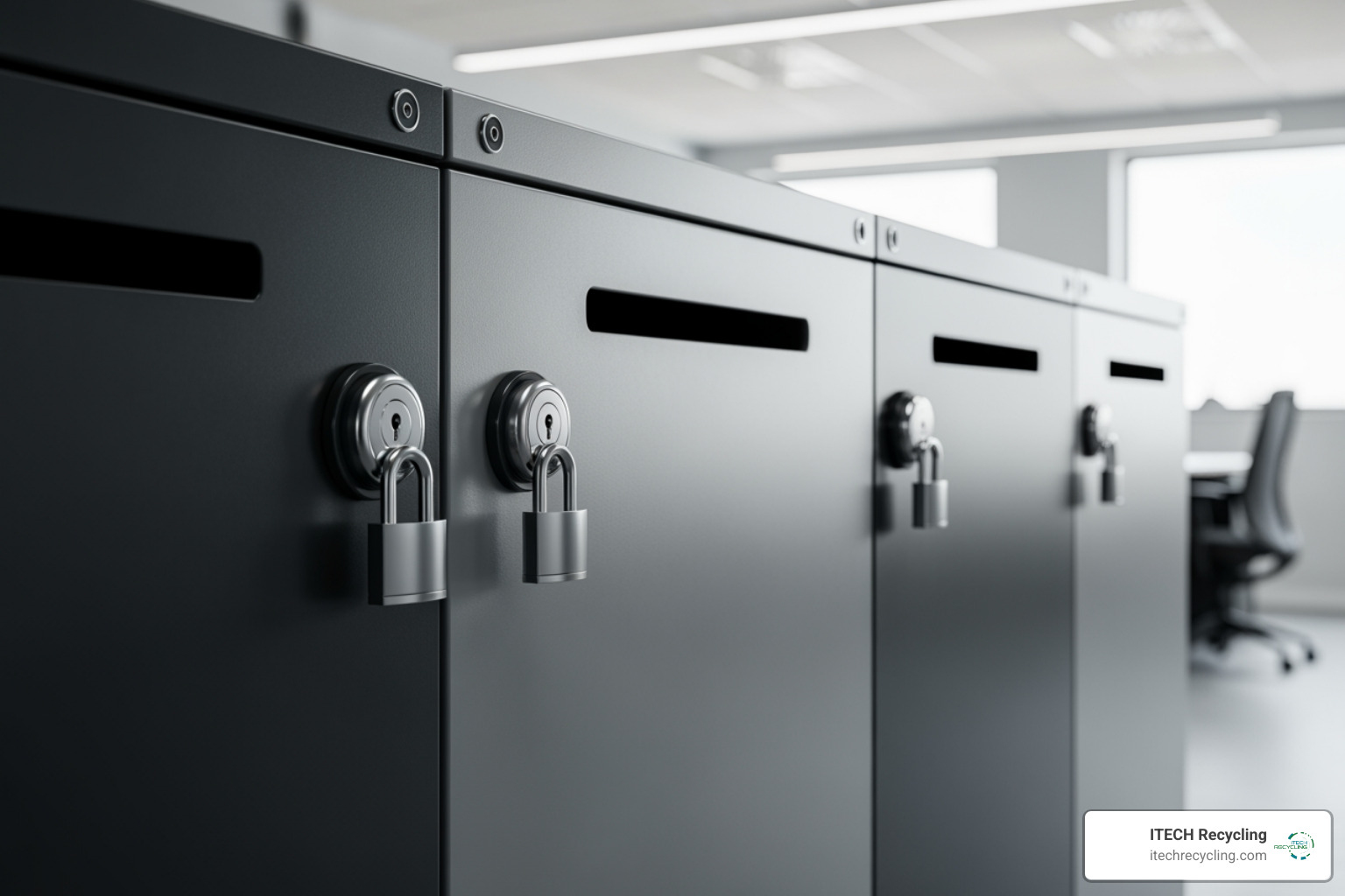 Secure data bins used for collecting confidential documents and electronic media prior to shredding - data shredding company