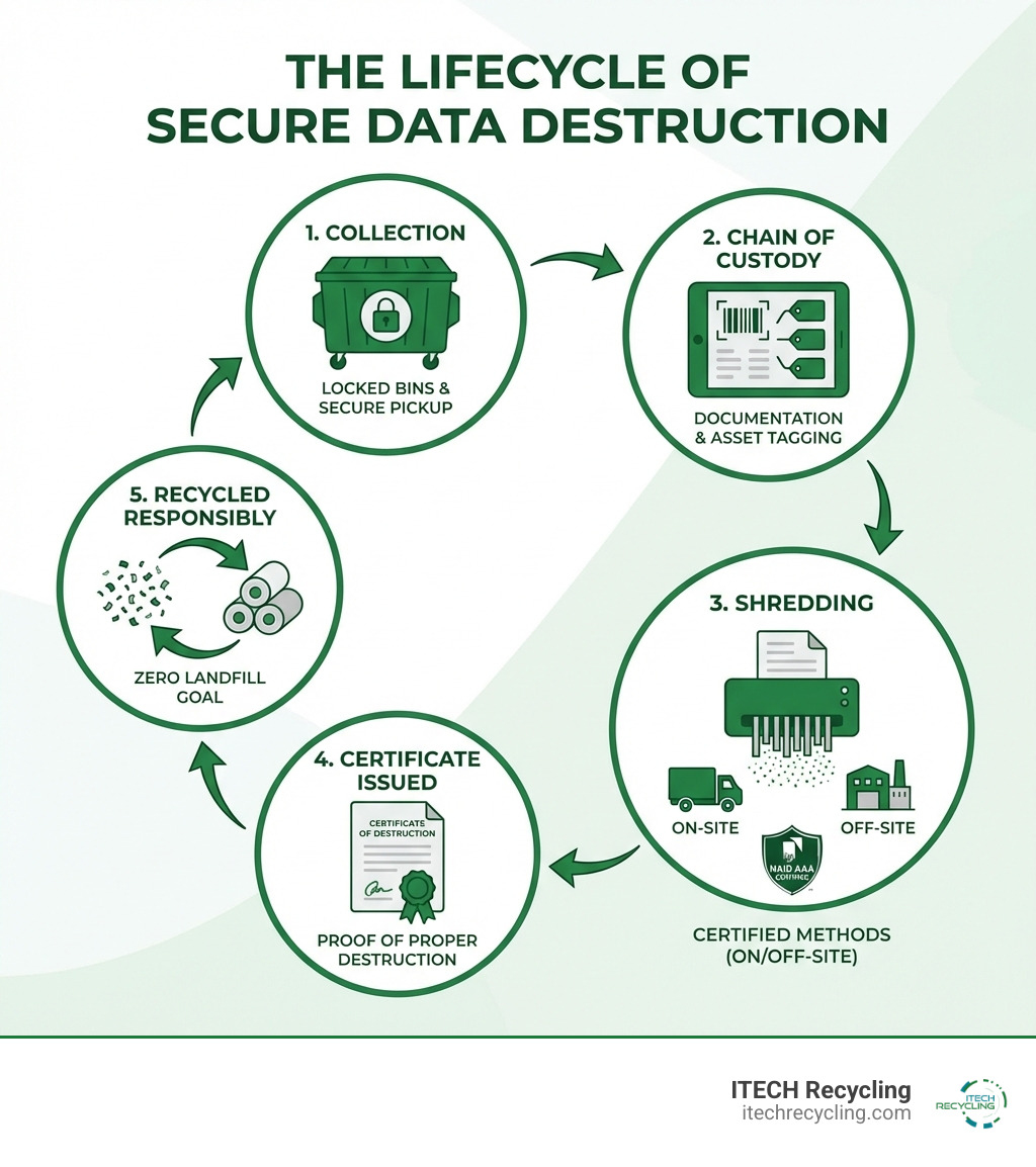 Infographic showing the lifecycle of secure data destruction: step 1 collection with locked bins, step 2 chain of custody documentation and asset tagging, step 3 on-site or off-site shredding with NAID AAA certified methods, step 4 certificate of destruction issued, step 5 shredded materials recycled responsibly with zero landfill goal - data shredding company infographic 