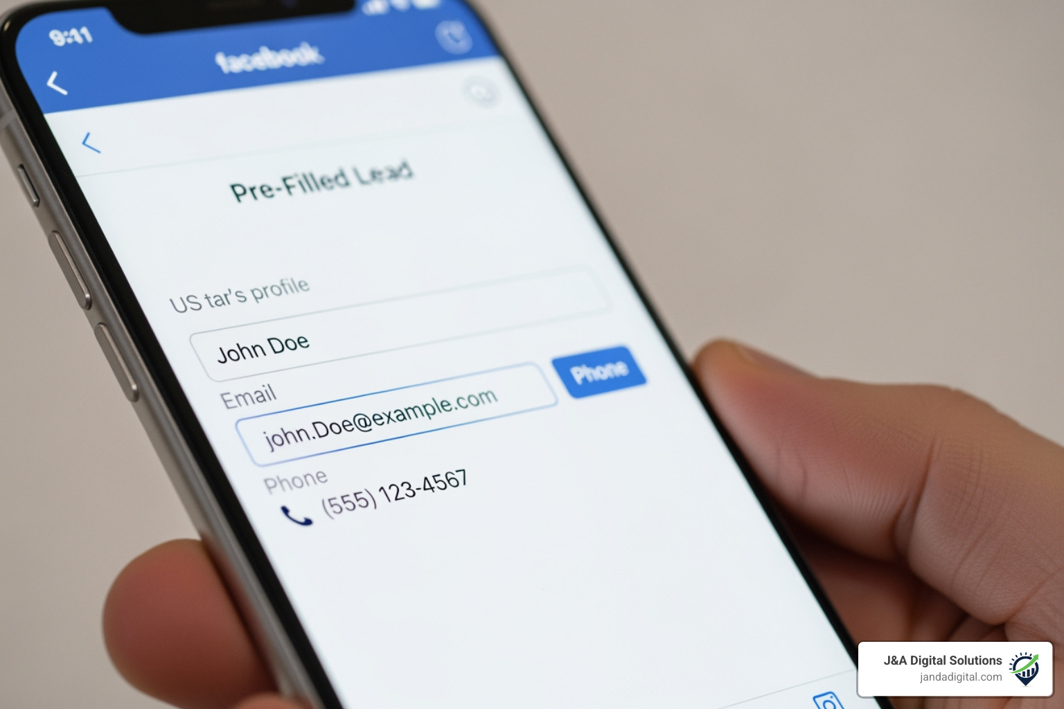 A smartphone displaying a pre-filled Facebook lead form with name and email fields already populated - facebook lead generation for local business