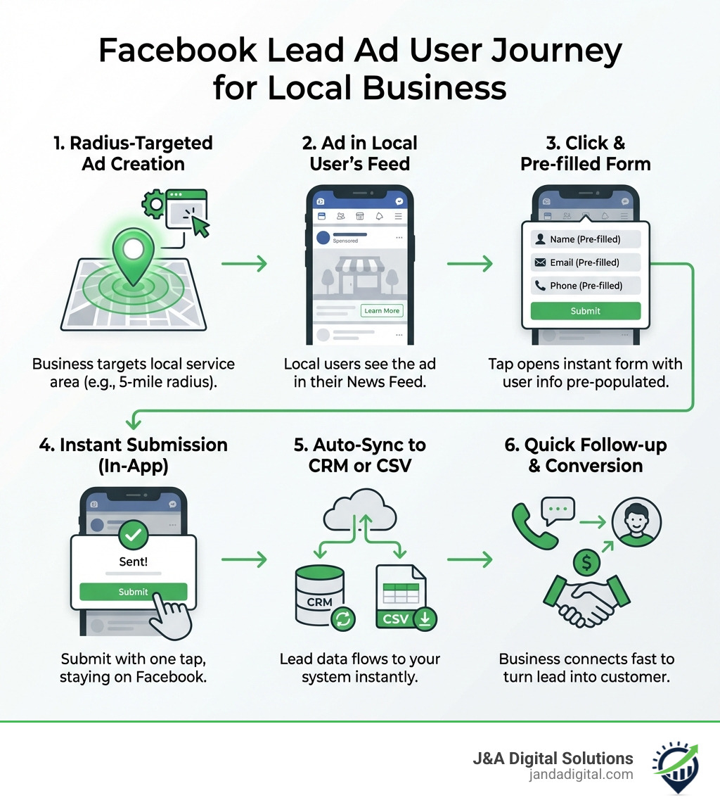 Infographic showing the Facebook Lead Ad user journey for local businesses: Step 1 - Local business creates a targeted Facebook lead ad with radius targeting; Step 2 - Ad appears in the Facebook News Feed of users within the service area; Step 3 - User clicks the ad and a pre-filled instant form appears with their name, email, and phone; Step 4 - User submits the form in one or two taps without leaving Facebook; Step 5 - Lead data syncs automatically to CRM or is downloaded as CSV; Step 6 - Business follows up quickly to convert lead into a paying customer - facebook lead generation for local business infographic 