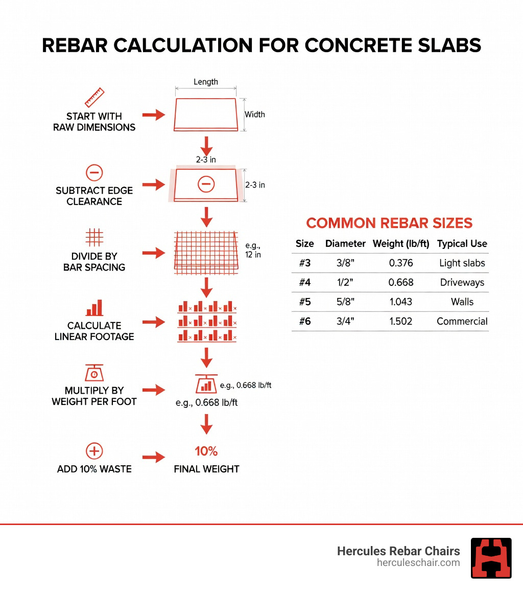 Infographic showing step-by-step rebar calculation process for a concrete slab: starting with raw slab dimensions, subtracting edge clearance to get effective dimensions, dividing by bar spacing to get row and column counts, multiplying to get total linear footage, then multiplying by weight per foot for total weight, with a 10% waste factor added at the end, alongside a small table of common bar sizes and weights - rebar calculator infographic Infographic showing step-by-step rebar calculation process for a concrete slab: starting with raw slab dimensions, subtracting edge clearance to get effective dimensions, dividing by bar spacing to get row and column counts, multiplying to get total linear footage, then multiplying by weight per foot for total weight, with a 10% waste factor added at the end, alongside a small table of common bar sizes and weights - rebar calculator infographic