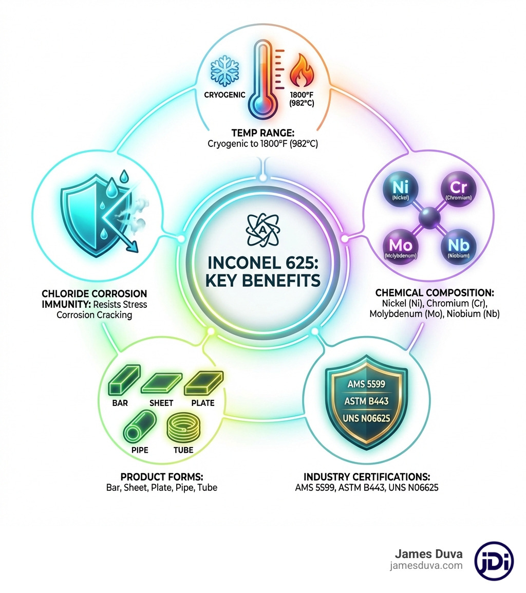 Infographic showing key benefits of Inconel 625 including temperature range cryogenic to 1800F, chloride corrosion immunity, chemical composition with nickel chromium molybdenum and niobium, available product forms such as bar sheet plate pipe and tube, and key industry certifications AMS 5599 ASTM B443 UNS N06625 - inconel 625 supplier infographic 