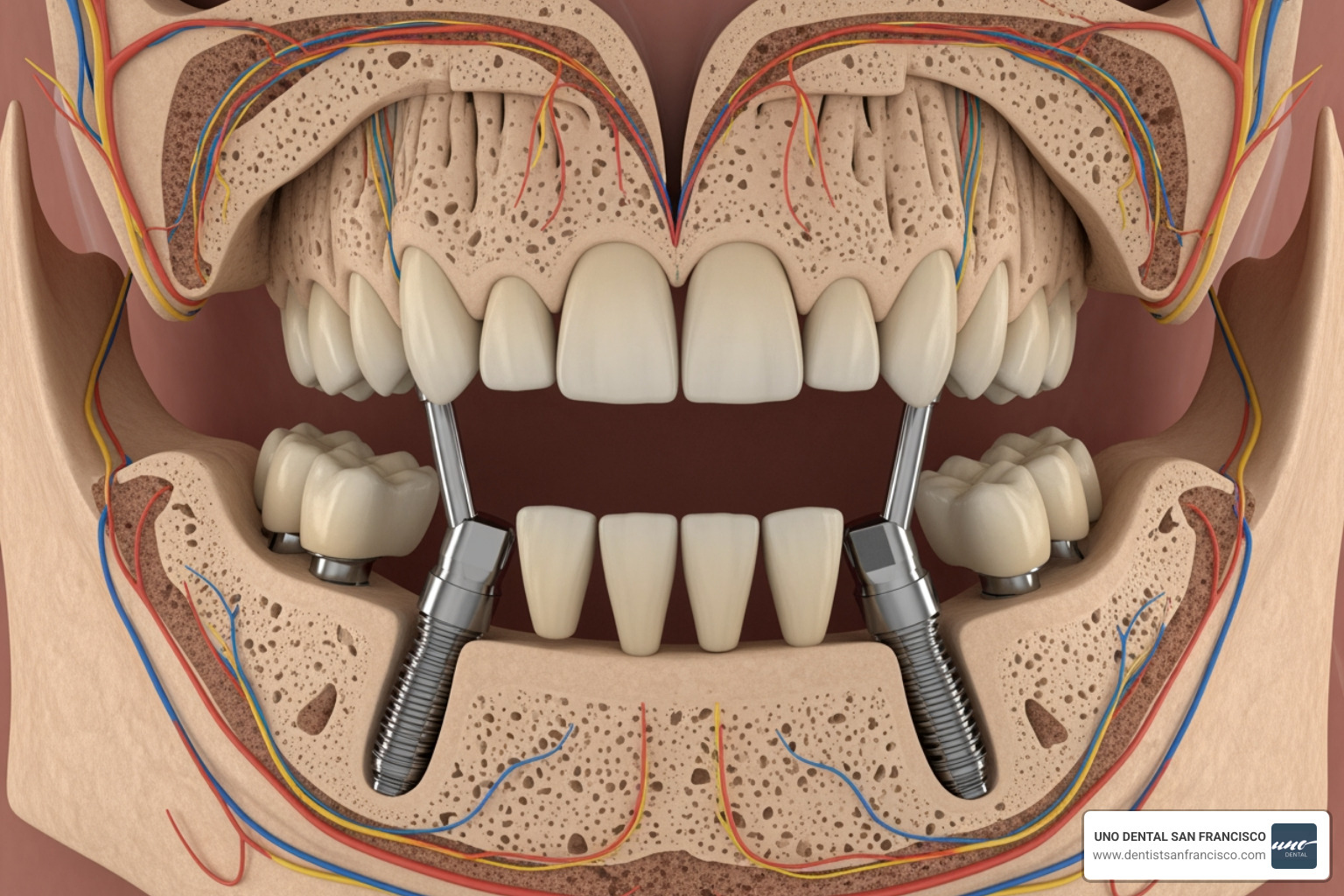 dental implant structure showing how 4 implants support a full arch - all on 4 implants dental implant structure showing how 4 implants support a full arch - all on 4 implants