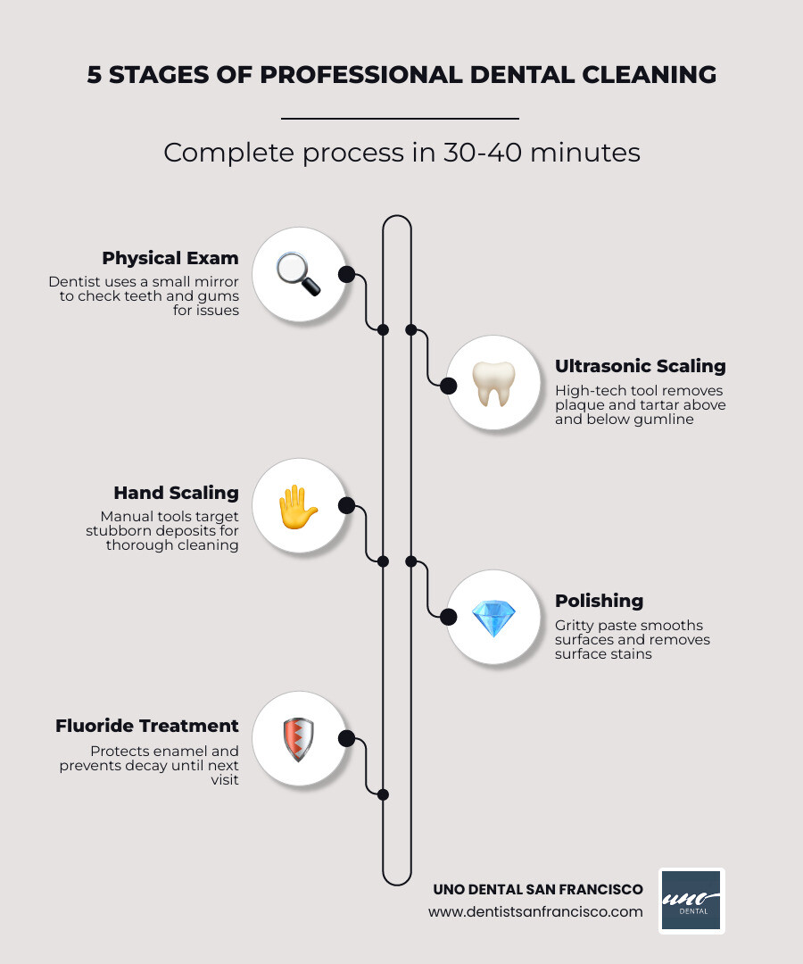 Infographic showing the 5 stages of a professional dental cleaning: 1) Physical exam with small mirror to check gums and teeth, 2) Ultrasonic and hand scaling to remove plaque and tartar above and below the gumline, 3) Polishing with gritty paste to remove surface stains, 4) Flossing between all teeth, 5) Fluoride treatment to protect enamel until the next visit - with icons and timeline showing a 30-40 minute total appointment - Dental cleaning San Francisco infographic infographic-line-5-steps-elegant_beige Infographic showing the 5 stages of a professional dental cleaning: 1) Physical exam with small mirror to check gums and teeth, 2) Ultrasonic and hand scaling to remove plaque and tartar above and below the gumline, 3) Polishing with gritty paste to remove surface stains, 4) Flossing between all teeth, 5) Fluoride treatment to protect enamel until the next visit - with icons and timeline showing a 30-40 minute total appointment - Dental cleaning San Francisco infographic infographic-line-5-steps-elegant_beige