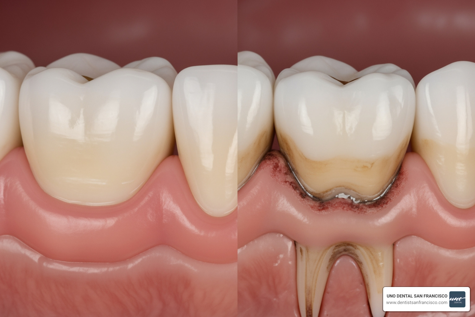 Comparison of a healthy tooth versus a tooth with deep tartar buildup and gum recession, illustrating the need for scaling and root planing - Dental cleaning San Francisco Comparison of a healthy tooth versus a tooth with deep tartar buildup and gum recession, illustrating the need for scaling and root planing - Dental cleaning San Francisco