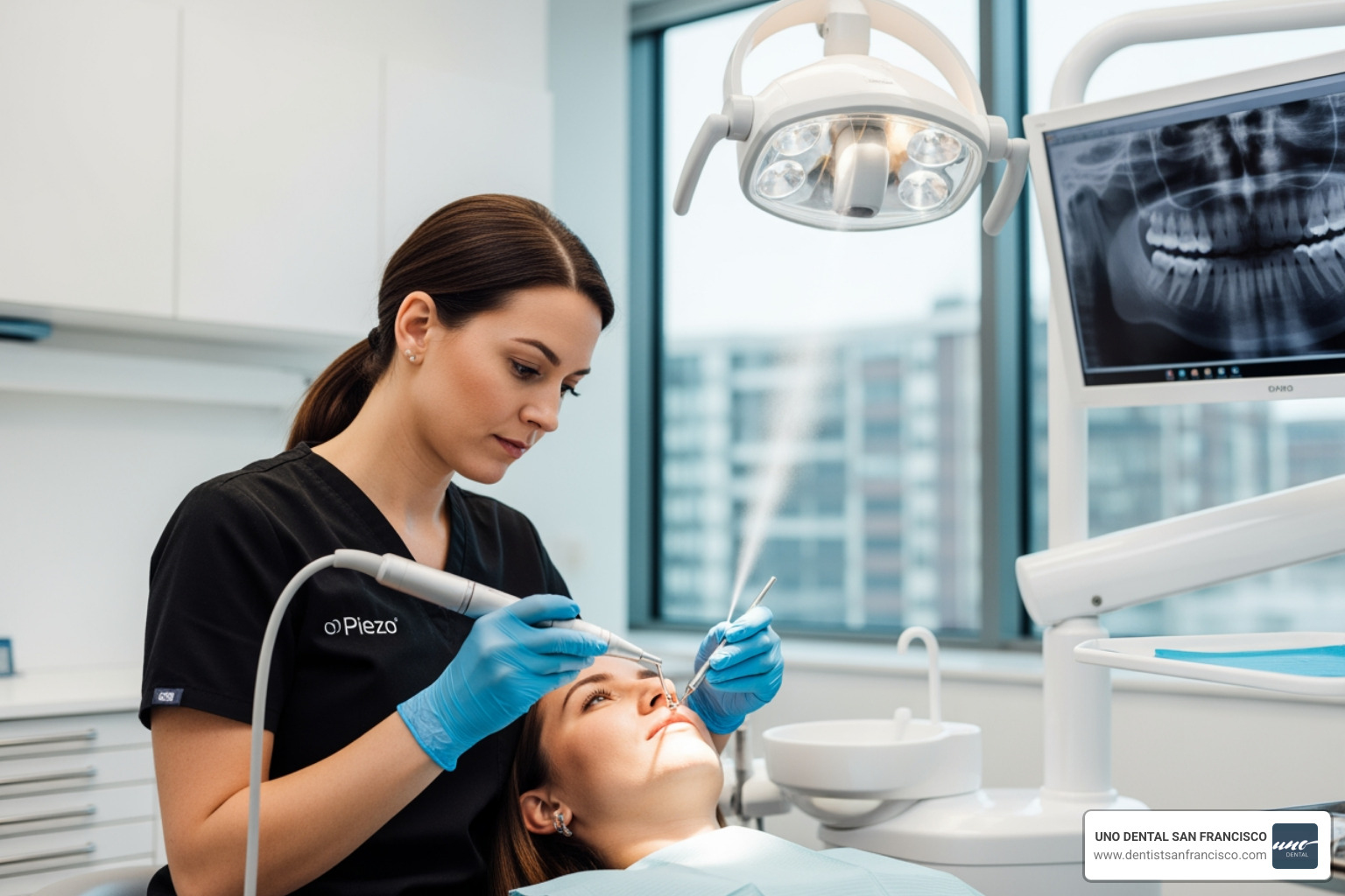 A high-tech Piezo ultrasonic scaler being used for a gentle and efficient dental cleaning - Dental cleaning San Francisco A high-tech Piezo ultrasonic scaler being used for a gentle and efficient dental cleaning - Dental cleaning San Francisco