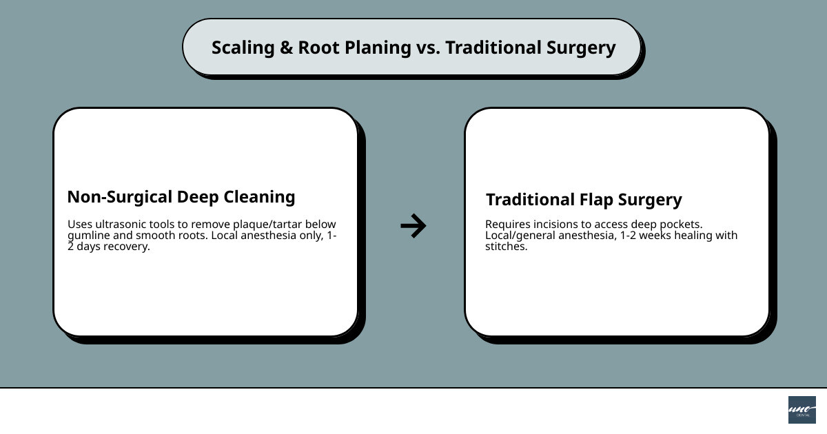 Table comparing non-surgical scaling vs. traditional surgery - San Francisco gum treatment infographic cause_effect_text Table comparing non-surgical scaling vs. traditional surgery - San Francisco gum treatment infographic cause_effect_text
