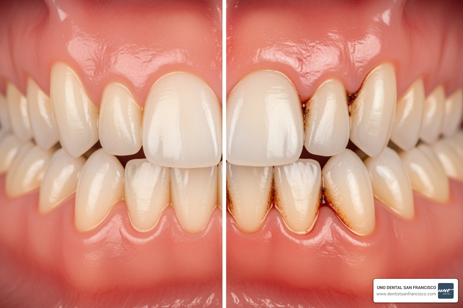 IMAGE comparing healthy gums with firm, pink tissue versus periodontitis with red, receding gums and visible tartar buildup - San Francisco gum treatment IMAGE comparing healthy gums with firm, pink tissue versus periodontitis with red, receding gums and visible tartar buildup - San Francisco gum treatment