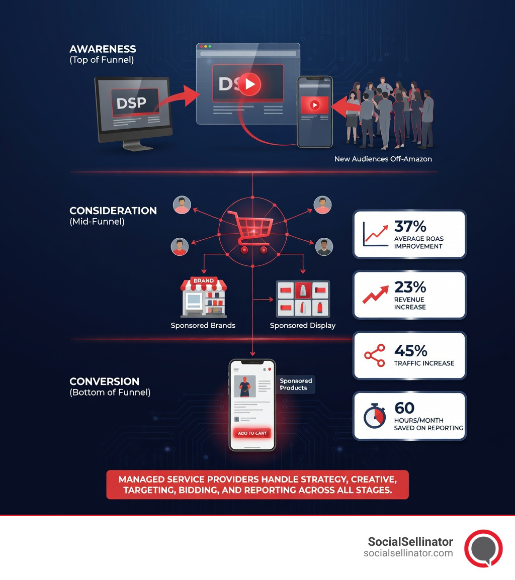 Infographic showing the full-funnel Amazon advertising journey from awareness at the top with Amazon DSP display and video ads reaching new audiences off-Amazon, to consideration in the middle with Sponsored Brands and Sponsored Display retargeting, to conversion at the bottom with Sponsored Products capturing purchase intent, with key stats: 37% average ROAS improvement, 23% revenue increase, 45% traffic increase, 60 hours/month saved on reporting, and a note that managed service providers handle strategy, creative, targeting, bidding, and reporting across all stages - amazon advertising managed service provider infographic 