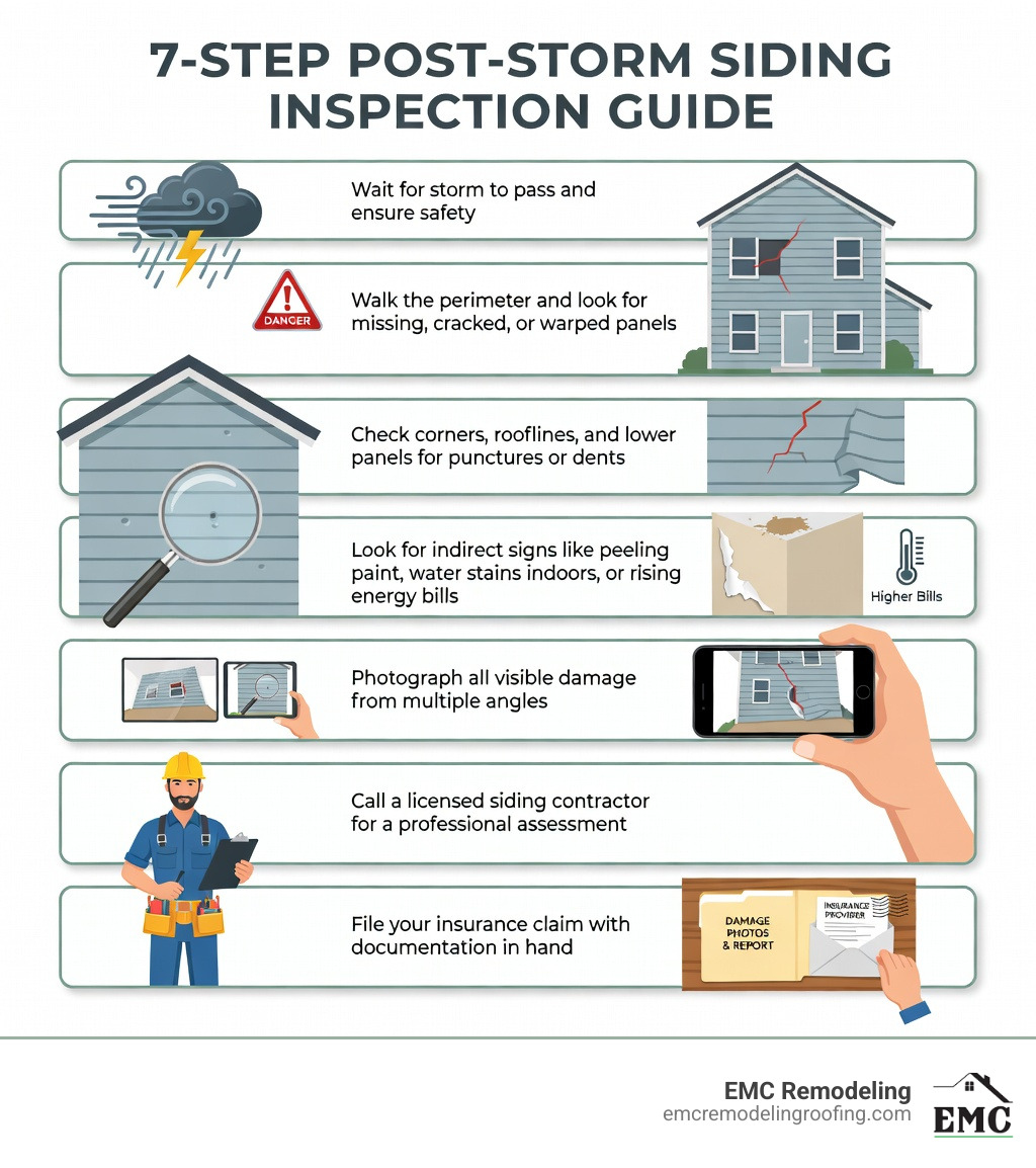 Step-by-step infographic showing the post-storm siding inspection process: Step 1 - Wait for storm to pass and ensure safety; Step 2 - Walk the perimeter and look for missing, cracked, or warped panels; Step 3 - Check corners, rooflines, and lower panels for punctures or dents; Step 4 - Look for indirect signs like peeling paint, water stains indoors, or rising energy bills; Step 5 - Photograph all visible damage from multiple angles; Step 6 - Call a licensed siding contractor for a professional assessment; Step 7 - File your insurance claim with documentation in hand - wind damage to siding infographic 