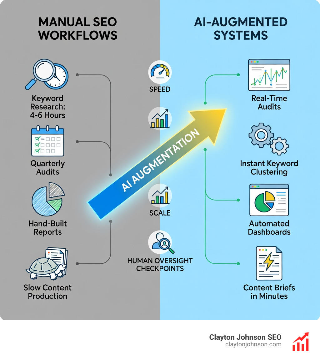 Infographic showing the transition from manual SEO workflows to AI-augmented SEO systems: left side shows manual processes including keyword research taking hours, quarterly audits, hand-built reports, and slow content production; right side shows AI-automated equivalents with real-time audits, instant keyword clustering, automated dashboards, and content briefs generated in minutes; center arrow labeled 'AI Augmentation' with icons for speed, scale, and human oversight checkpoints - how ai automates seo infographic 