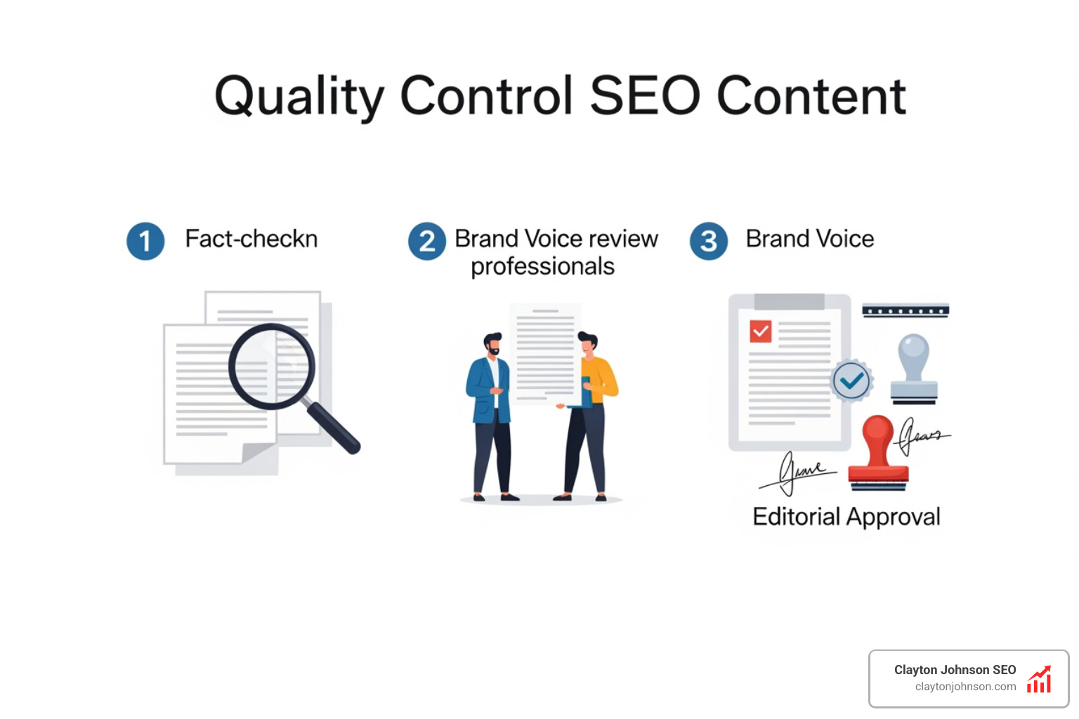 A quality control checklist for AI-generated SEO content showing steps for fact-checking, brand voice review, and editorial approval - how ai automates seo