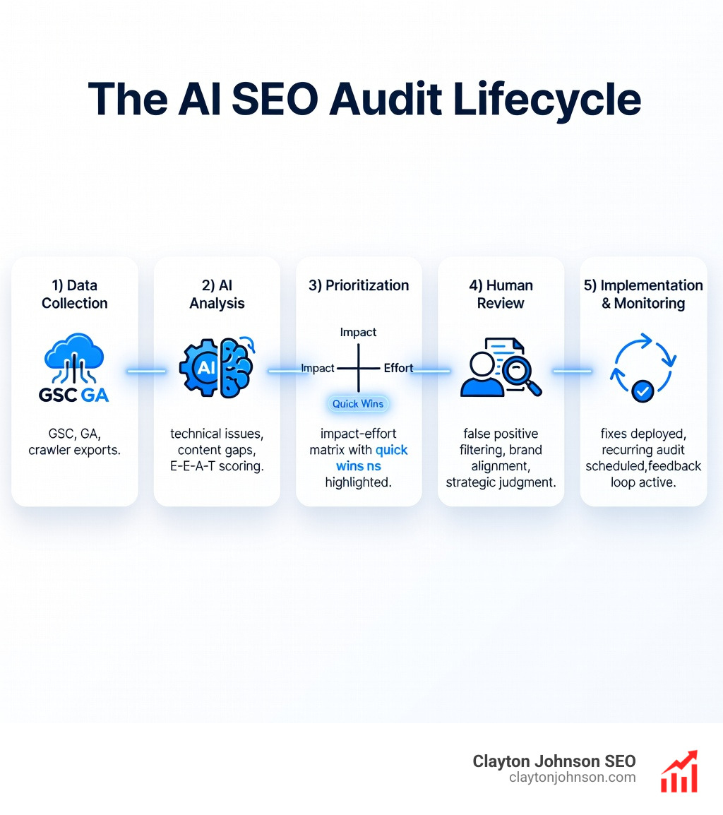 Infographic showing the AI SEO audit lifecycle: five stages in a horizontal flow — 1) Data Collection (GSC, GA, crawler exports), 2) AI Analysis (technical issues, content gaps, E-E-A-T scoring), 3) Prioritization (impact-effort matrix with quick wins highlighted), 4) Human Review (false positive filtering, brand alignment, strategic judgment), 5) Implementation & Monitoring (fixes deployed, recurring audit scheduled, feedback loop active) — with icons for each stage, clean white background, modern corporate style, dark navy and electric blue color palette - Implement AI SEO Audits infographic 