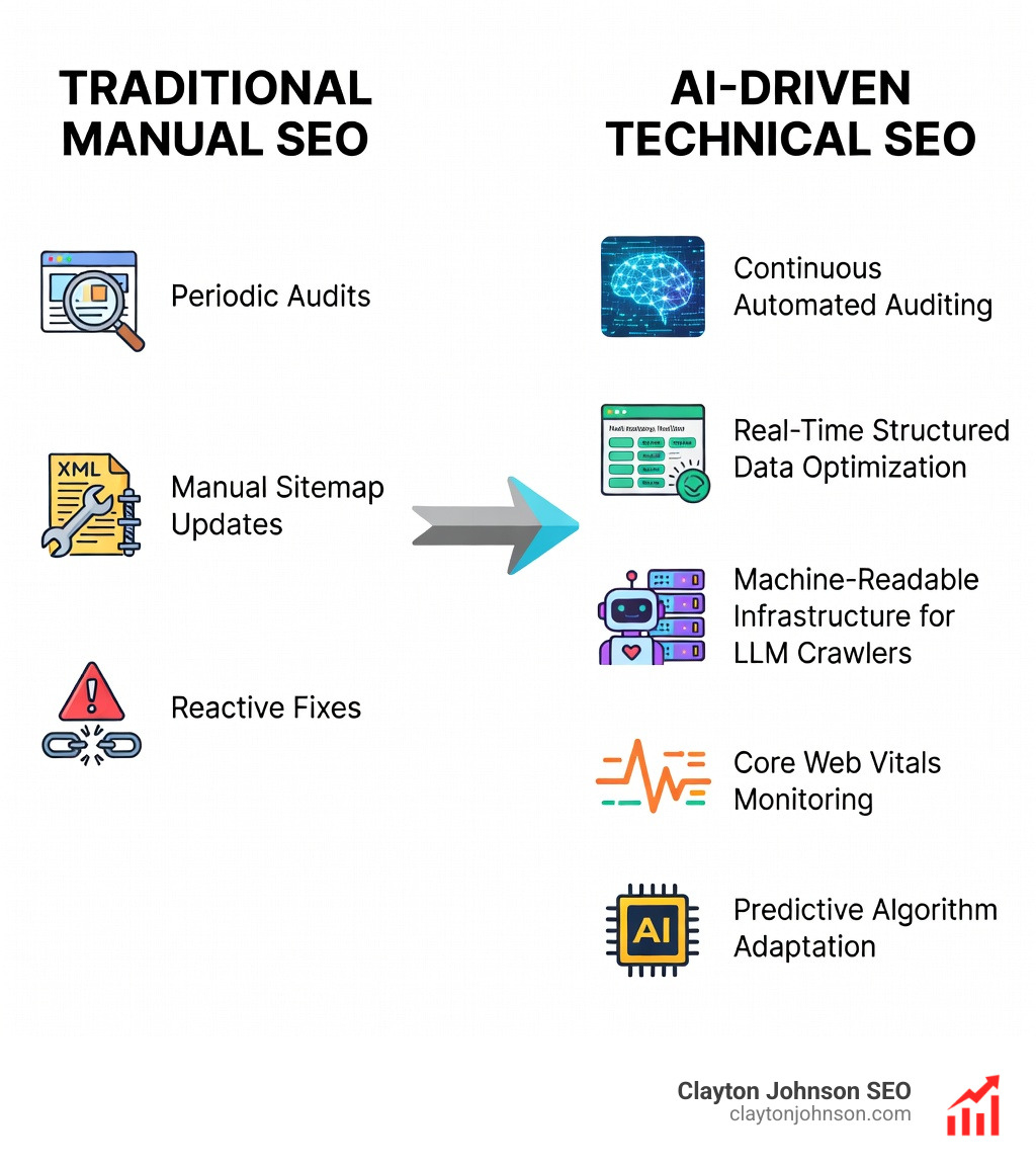 Infographic showing the transition from traditional manual technical SEO processes including periodic audits, manual sitemap updates, and reactive fixes to an AI-driven technical SEO architecture with continuous automated auditing, real-time structured data optimization, machine-readable infrastructure for LLM crawlers, Core Web Vitals monitoring, and predictive algorithm adaptation — displayed as a two-column comparison with icons for each process step on a white background in a clean modern corporate style - AI for technical SEO infographic Infographic showing the transition from traditional manual technical SEO processes including periodic audits, manual sitemap updates, and reactive fixes to an AI-driven technical SEO architecture with continuous automated auditing, real-time structured data optimization, machine-readable infrastructure for LLM crawlers, Core Web Vitals monitoring, and predictive algorithm adaptation — displayed as a two-column comparison with icons for each process step on a white background in a clean modern corporate style - AI for technical SEO infographic