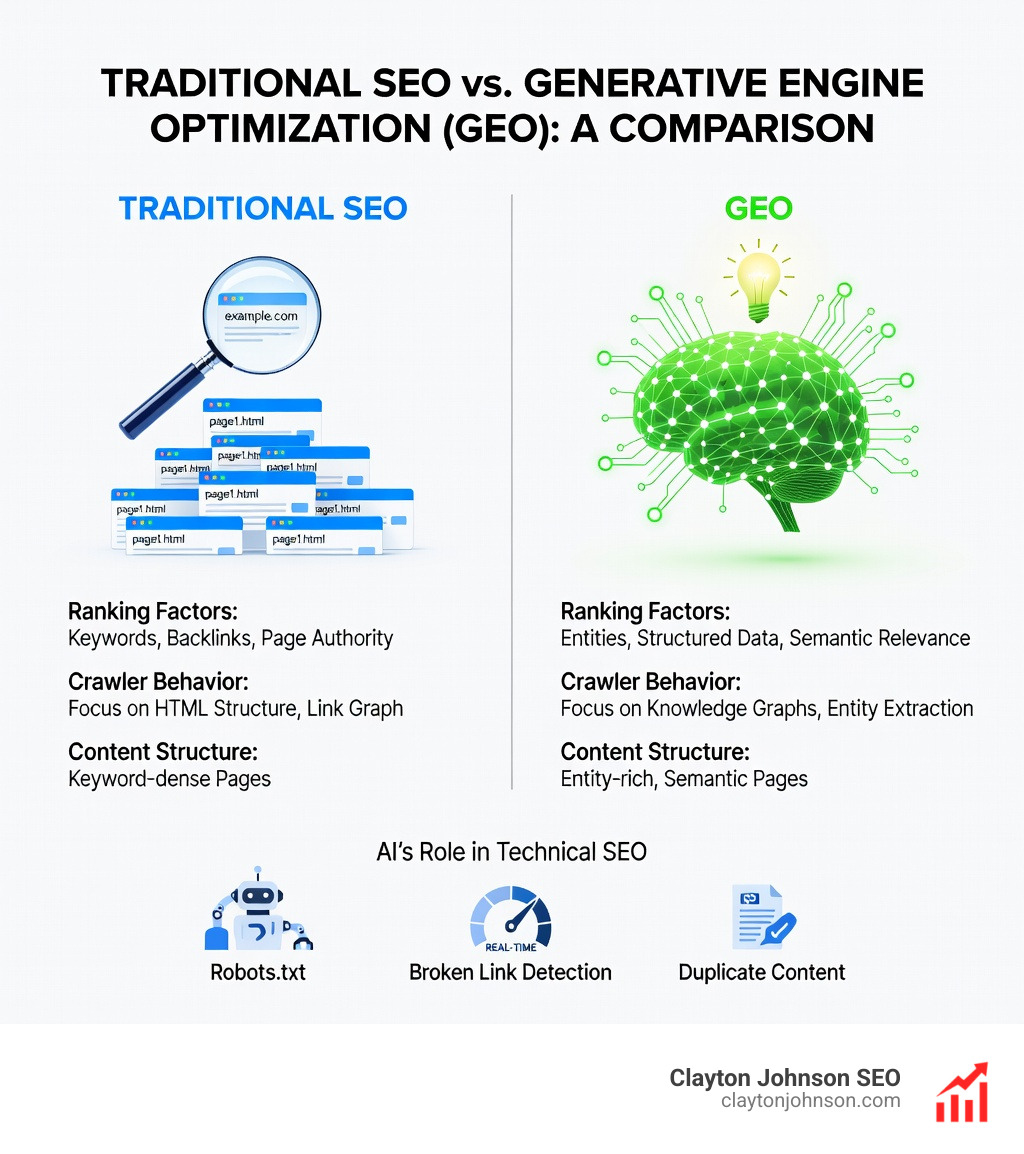 Table comparing traditional SEO versus Generative Engine Optimization across key metrics like ranking factors, crawler behavior, and content structure on a white background in a clean modern corporate style - AI for technical SEO infographic Table comparing traditional SEO versus Generative Engine Optimization across key metrics like ranking factors, crawler behavior, and content structure on a white background in a clean modern corporate style - AI for technical SEO infographic