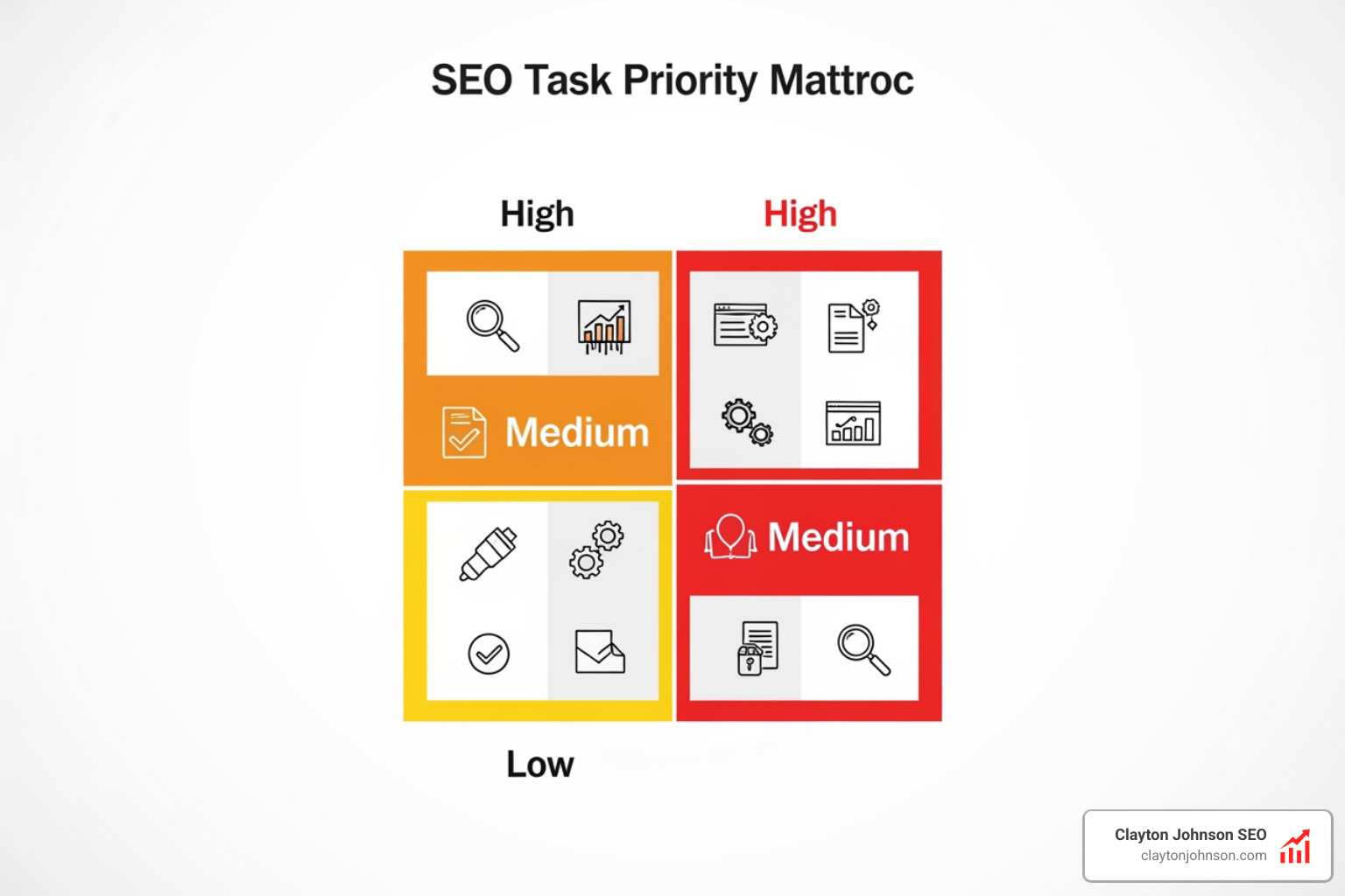 Priority matrix showing high, medium, and low severity SEO tasks - automated seo content audits