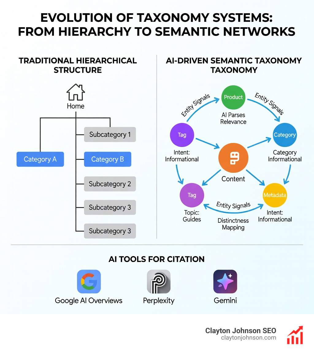 Infographic showing the transition from traditional hierarchical site maps to AI-driven semantic taxonomy systems, with two side-by-side diagrams: left side shows a simple tree structure with Home at top branching to Category A and B then to subcategories, right side shows an interconnected semantic graph with entity nodes labeled Content, Product, Category, Tag, Metadata connected by labeled relationship arrows showing how AI parses meaning, relevance signals, and entity distinctness across the site structure, with icons for Google AI Overviews, Perplexity, and Gemini at the bottom indicating AI citation eligibility - ai seo taxonomy systems infographic 