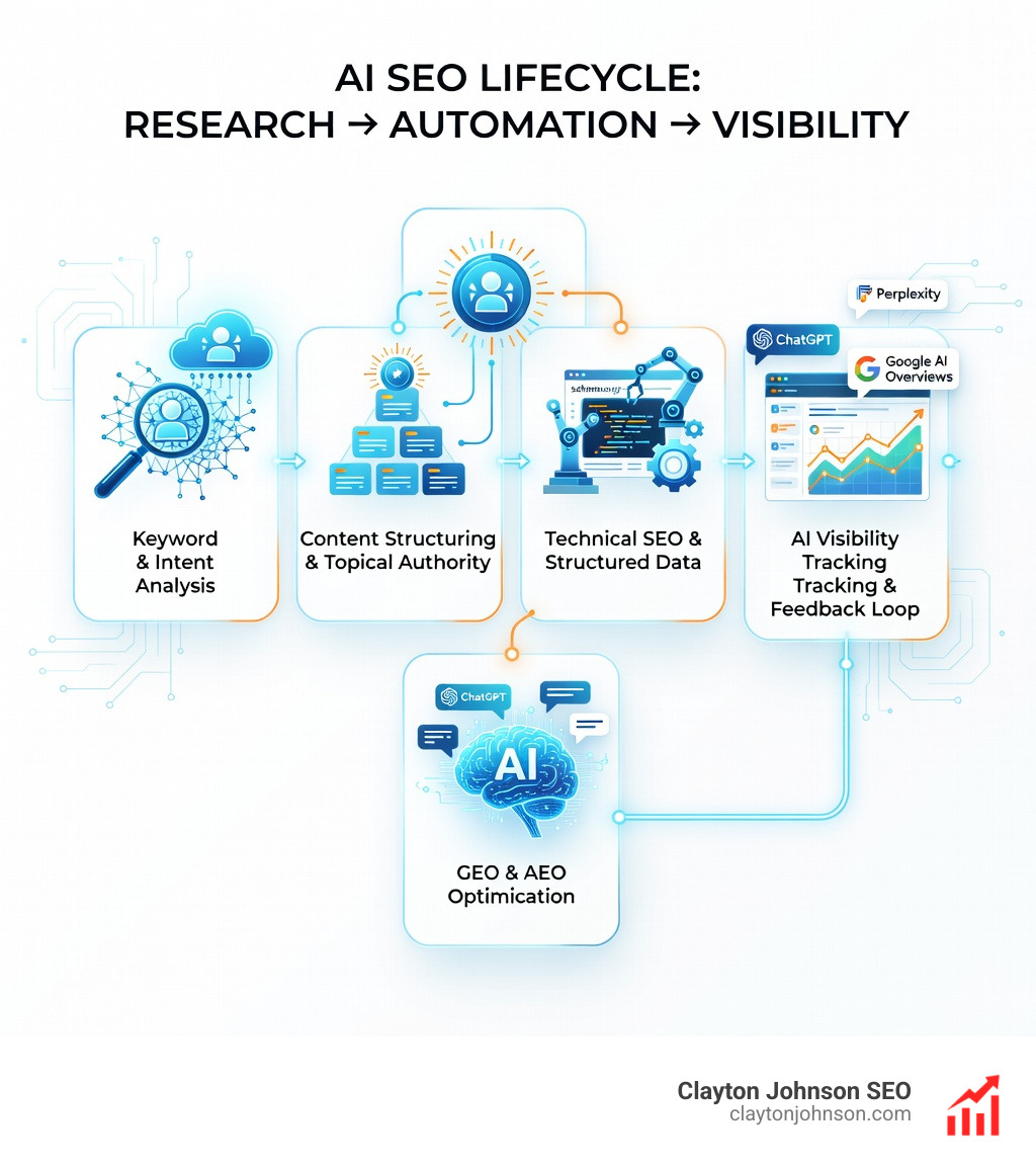 Infographic showing the AI SEO lifecycle: starting from keyword and intent analysis feeding into content structuring and topical authority, then flowing into technical SEO and structured data implementation, connecting to GEO and AEO optimization for AI-generated answers in ChatGPT, Perplexity, and Google AI Overviews, with a feedback loop from AI visibility tracking and performance metrics back into content and workflow automation — all displayed as a clean horizontal flow diagram with labeled stages, icons, and arrows on a white background - ai driven seo systems infographic Infographic showing the AI SEO lifecycle: starting from keyword and intent analysis feeding into content structuring and topical authority, then flowing into technical SEO and structured data implementation, connecting to GEO and AEO optimization for AI-generated answers in ChatGPT, Perplexity, and Google AI Overviews, with a feedback loop from AI visibility tracking and performance metrics back into content and workflow automation — all displayed as a clean horizontal flow diagram with labeled stages, icons, and arrows on a white background - ai driven seo systems infographic