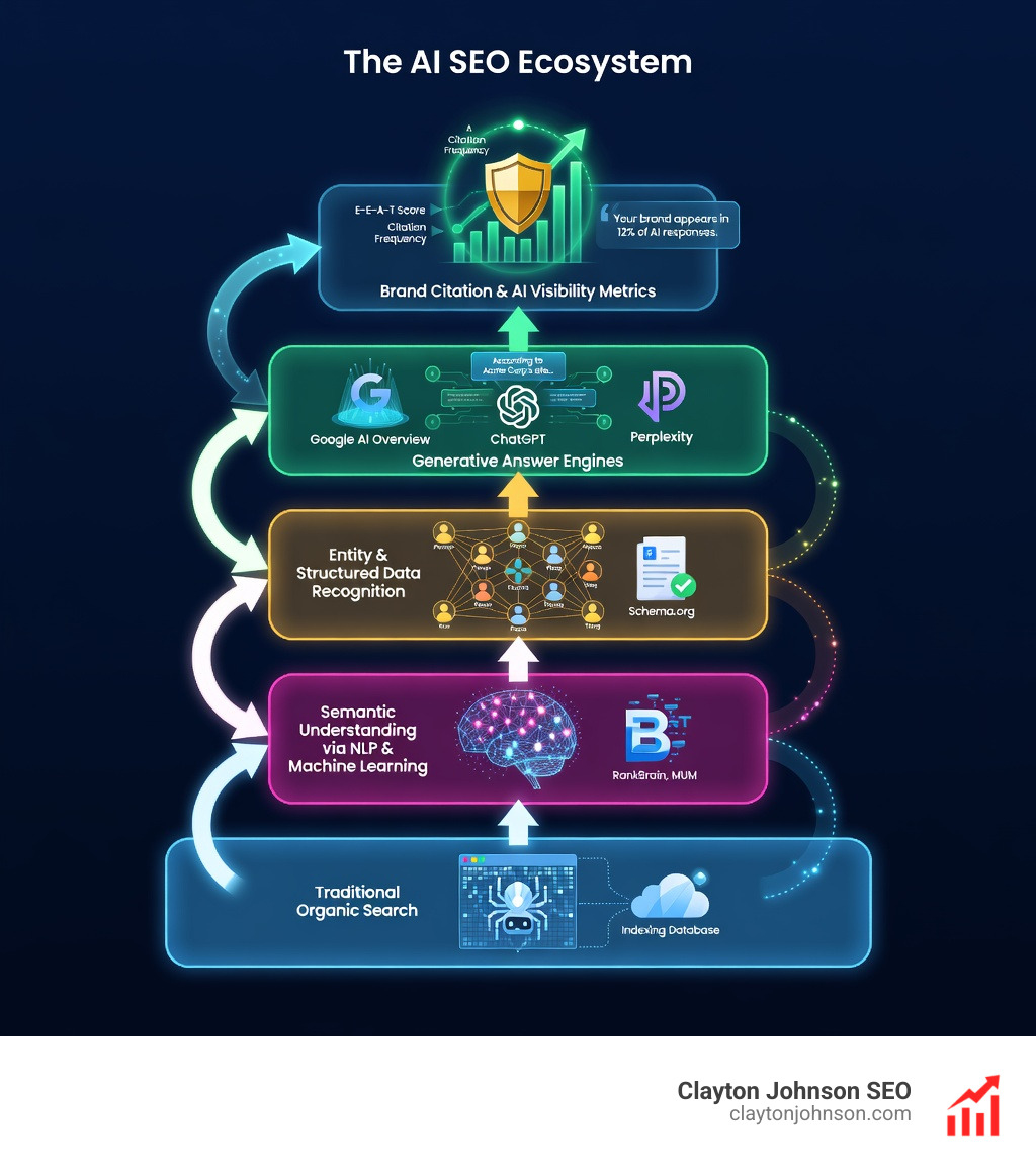 Infographic showing the AI SEO ecosystem: five interconnected layers including Traditional Organic Search at the base, followed by Semantic Understanding via NLP and machine learning models, then Entity and Structured Data Recognition, then Generative Answer Engines like Google AI Overviews, ChatGPT, and Perplexity, and at the top Brand Citation and AI Visibility metrics, with arrows showing how content flows upward through each layer to reach users - how ai seo works infographic 