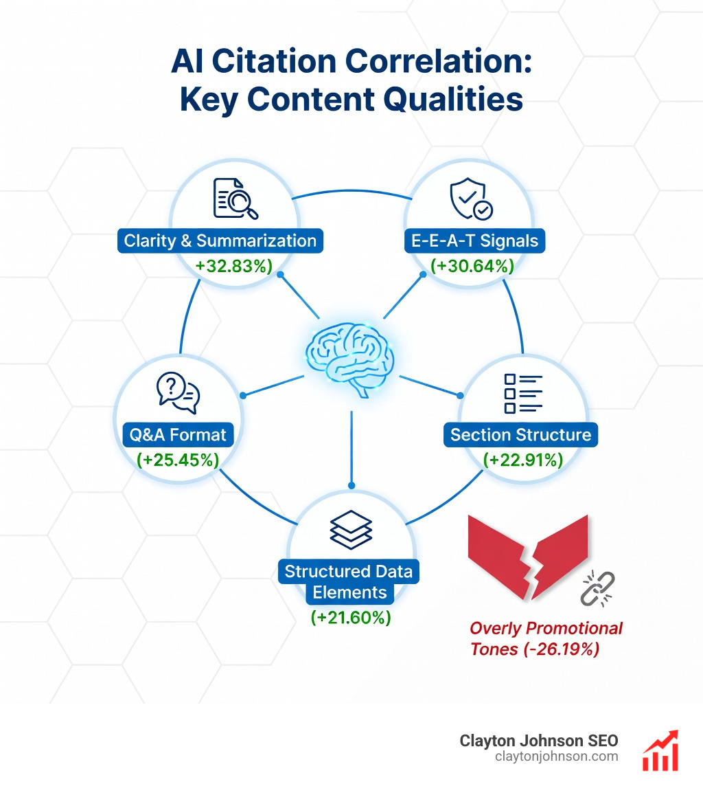 Infographic showing the correlation between content qualities and AI citations: Clarity and Summarization (+32.83%), E-E-A-T Signals (+30.64%), Q&A Format (+25.45%), Section Structure (+22.91%), and Structured Data Elements (+21.60%), contrasted with the negative impact of overly promotional tones (-26.19%) on a clean white background - ai driven seo systems infographic Infographic showing the correlation between content qualities and AI citations: Clarity and Summarization (+32.83%), E-E-A-T Signals (+30.64%), Q&A Format (+25.45%), Section Structure (+22.91%), and Structured Data Elements (+21.60%), contrasted with the negative impact of overly promotional tones (-26.19%) on a clean white background - ai driven seo systems infographic