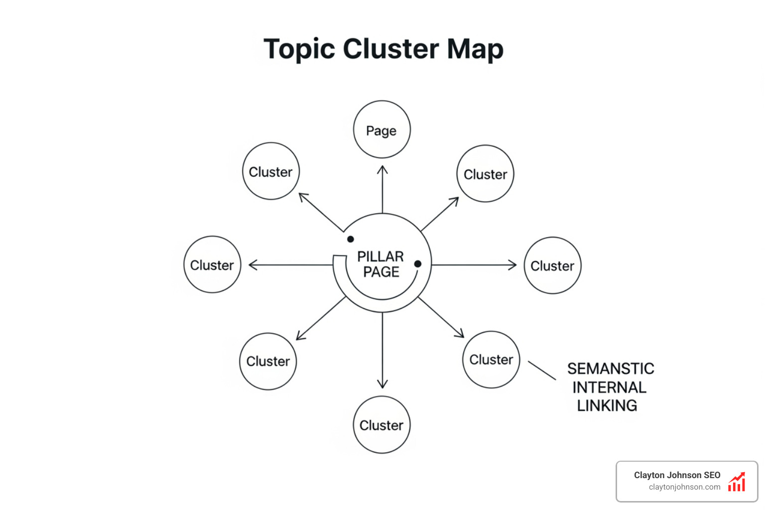 A topic cluster map showing a central pillar page connected to multiple supporting cluster content articles via semantic internal linking - ai for keyword research