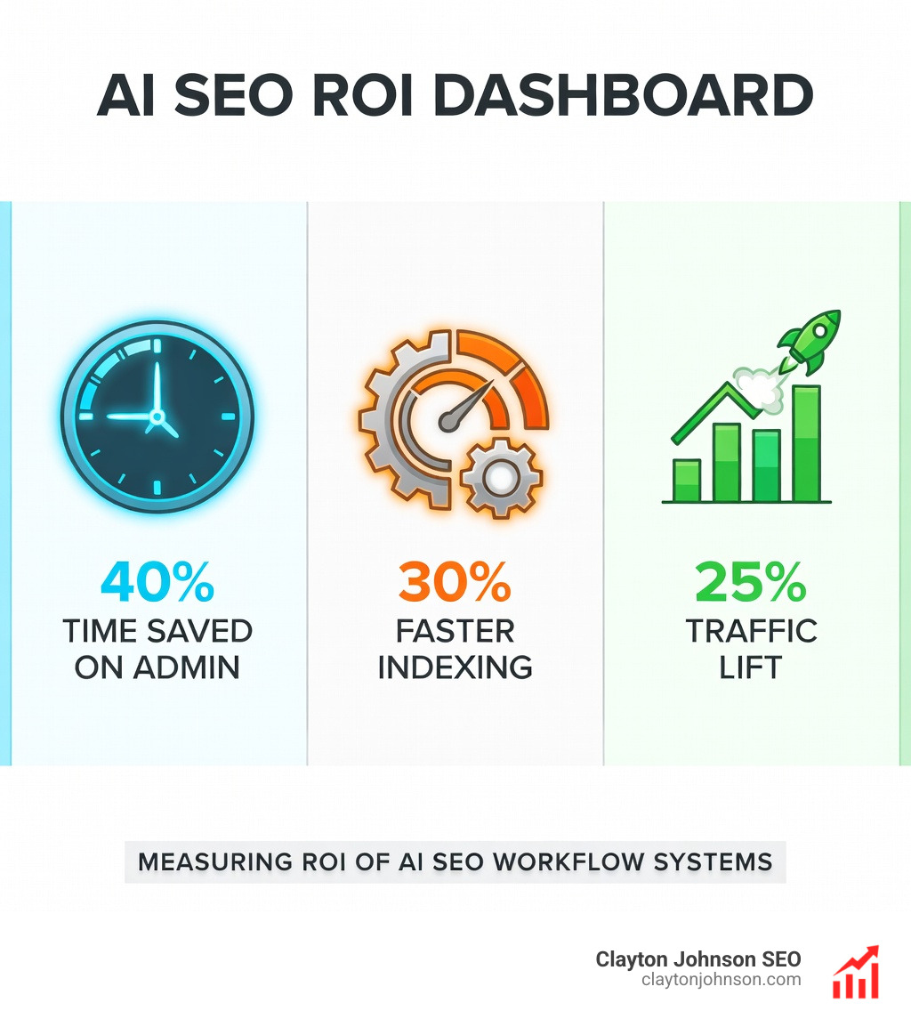 Infographic showing the ROI of AI SEO systems: 40% time saved on admin, 30% faster indexing, and 25% traffic lift displayed as a clean corporate dashboard - ai seo workflow systems infographic 