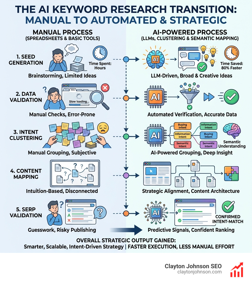 Step-by-step infographic showing the transition from manual keyword research using spreadsheets and basic tools to AI-powered keyword research using LLMs, clustering algorithms, and semantic intent mapping — with five stages: seed generation, data validation, intent clustering, content mapping, and SERP validation — each stage showing time saved and strategic output gained - ai for keyword research infographic 